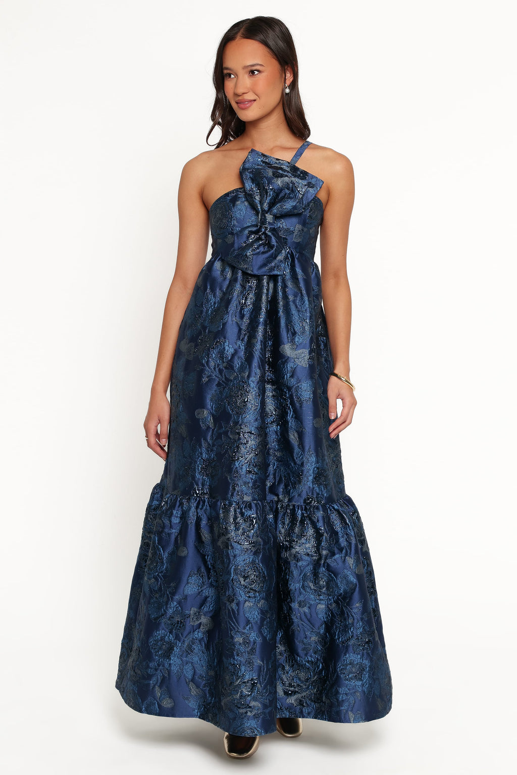Betina Bow Front Maxi Dress - Blue Brocade