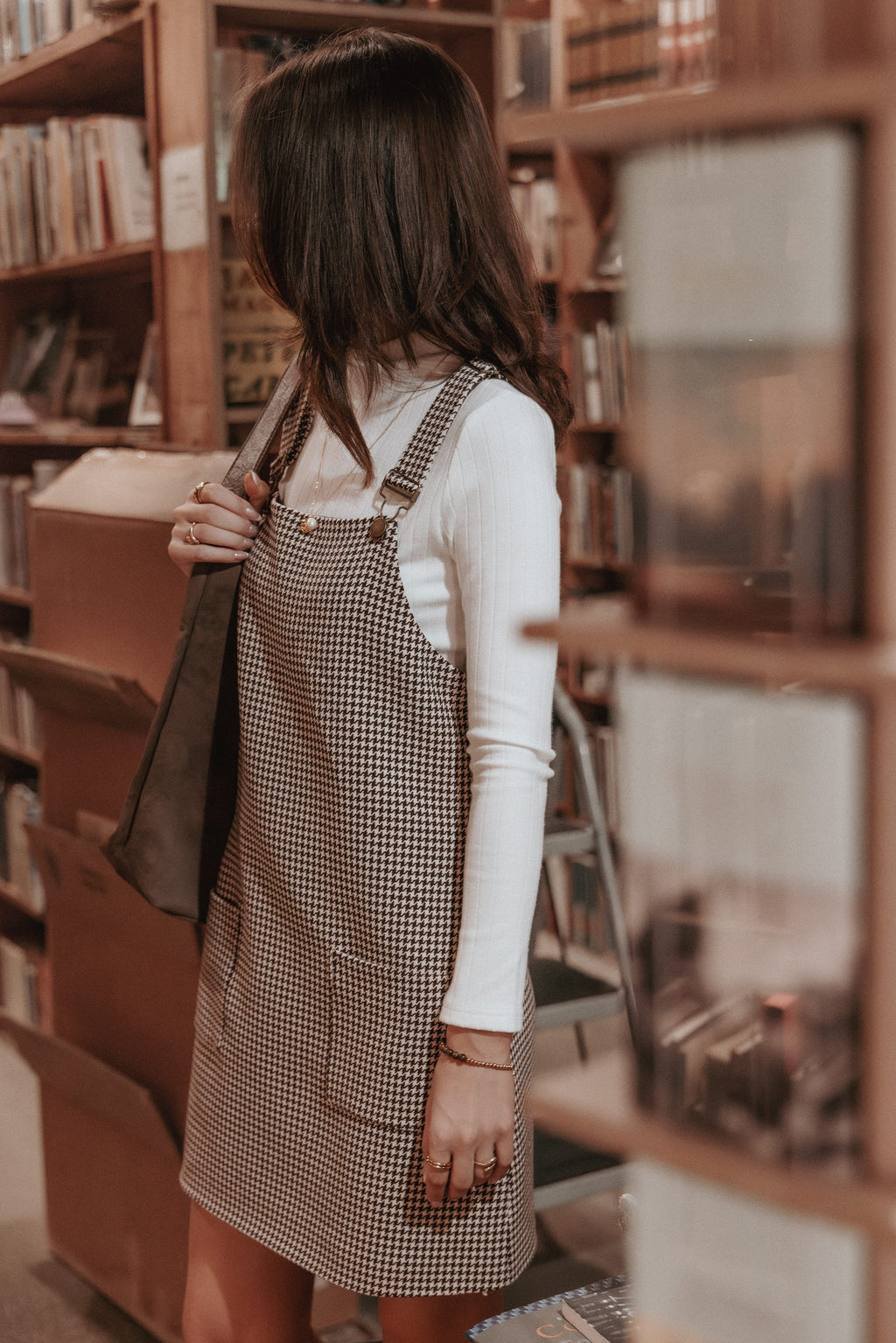Noah Overall Mini Dress - Brown Houndstooth