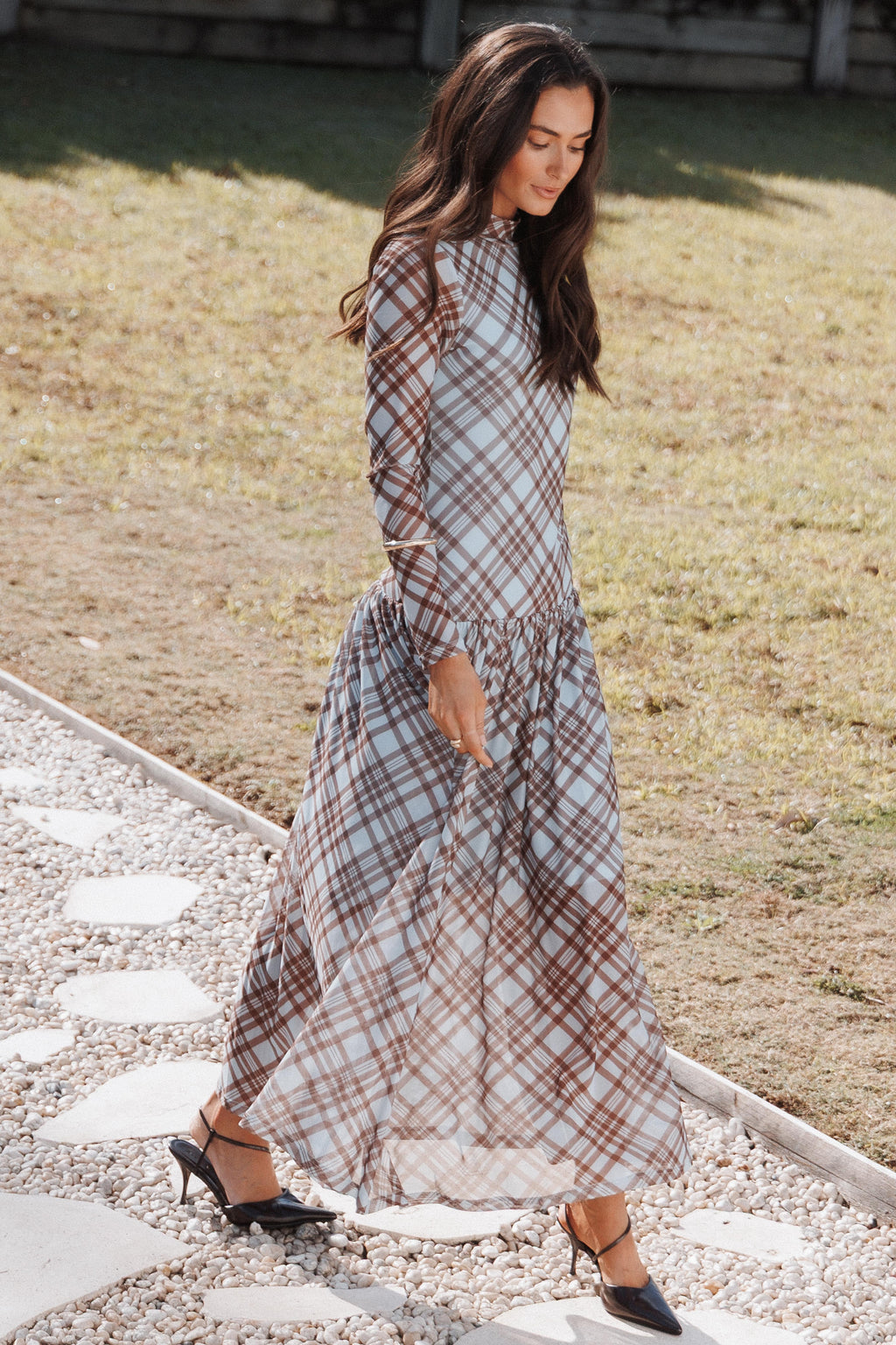 Odilia Long Sleeve Mesh Maxi Dress - Blue Plaid