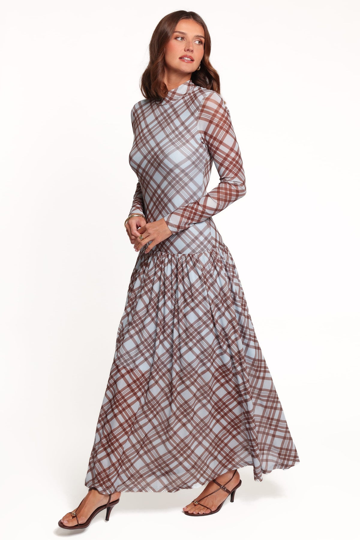 Odilia Long Sleeve Mesh Maxi Dress - Blue Plaid