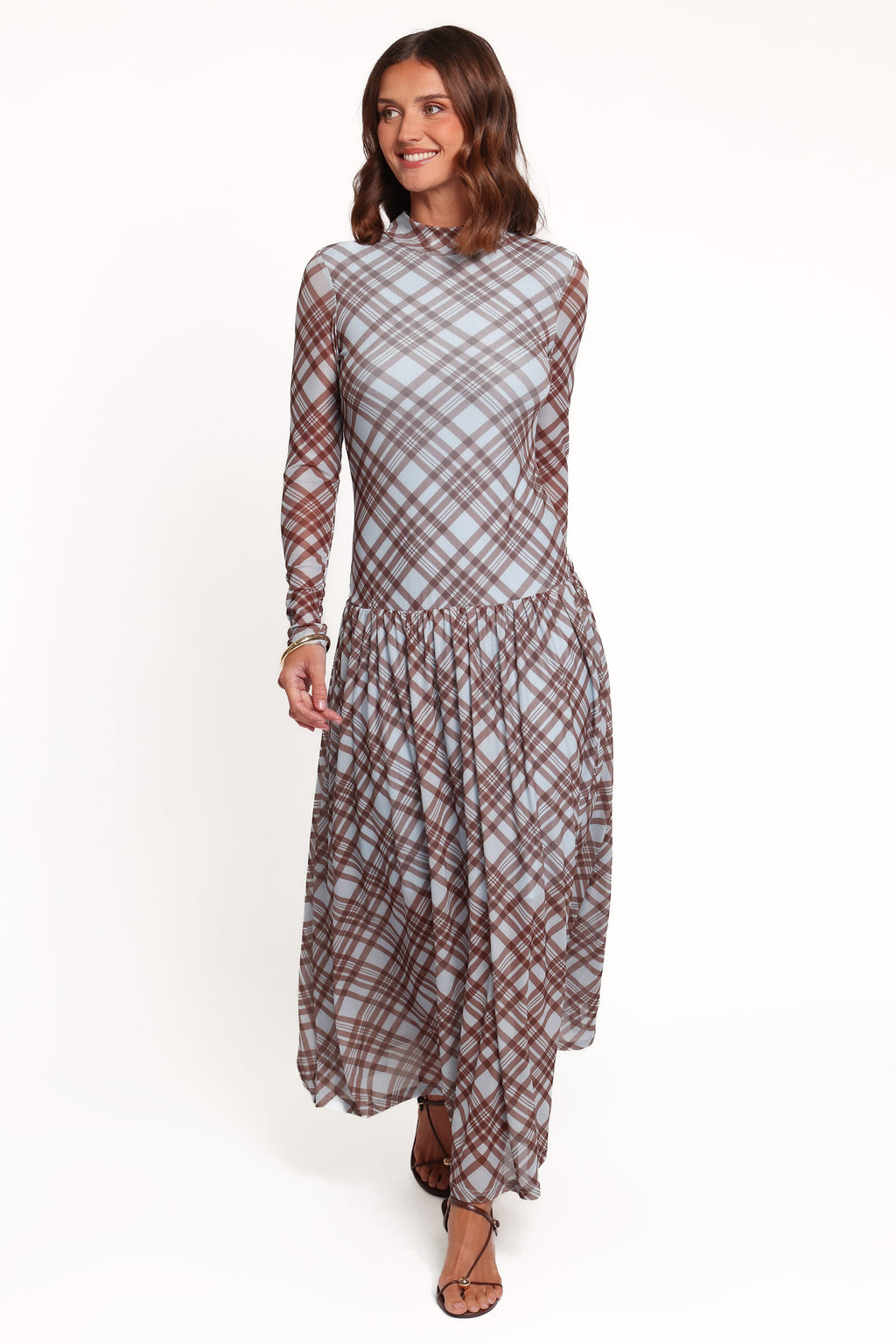 Odilia Long Sleeve Mesh Maxi Dress - Blue Plaid