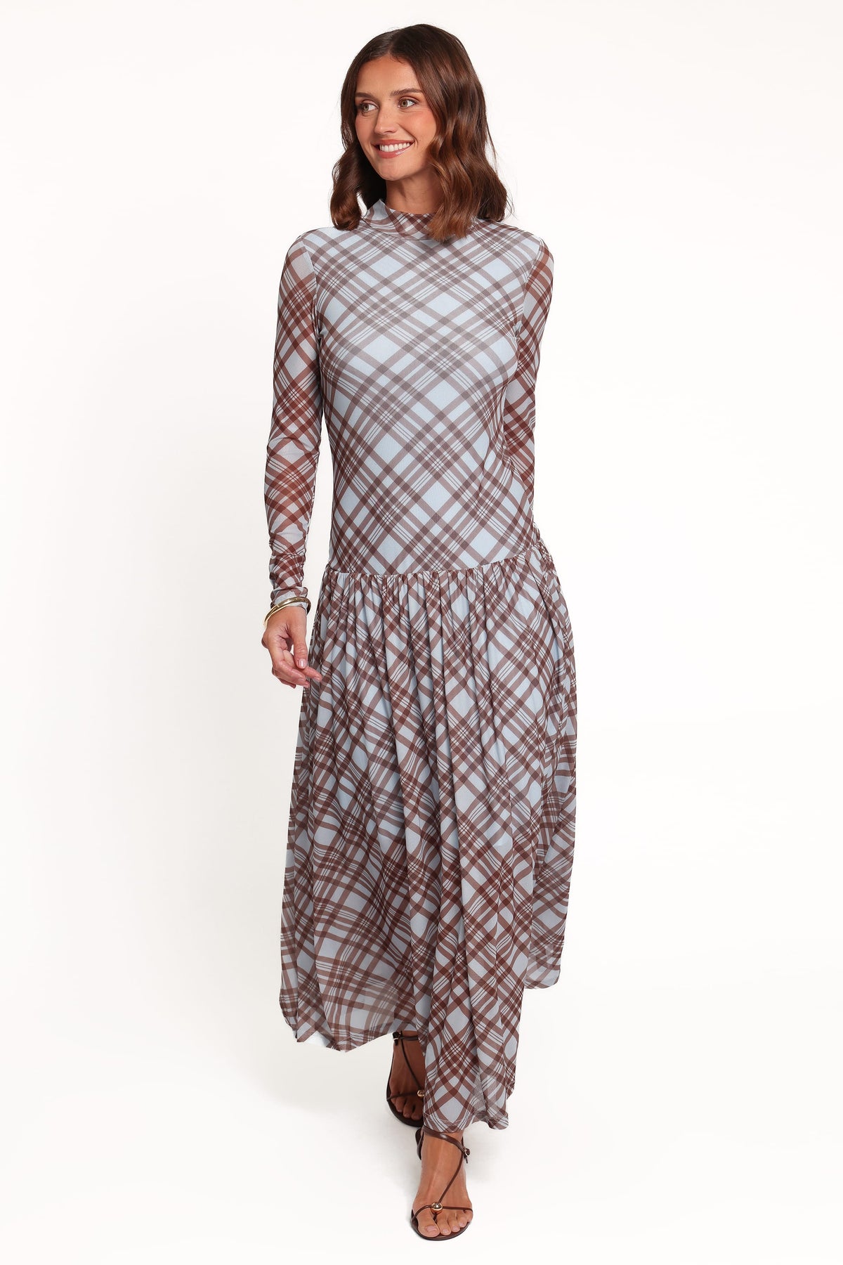 Odilia Long Sleeve Mesh Maxi Dress - Blue Plaid