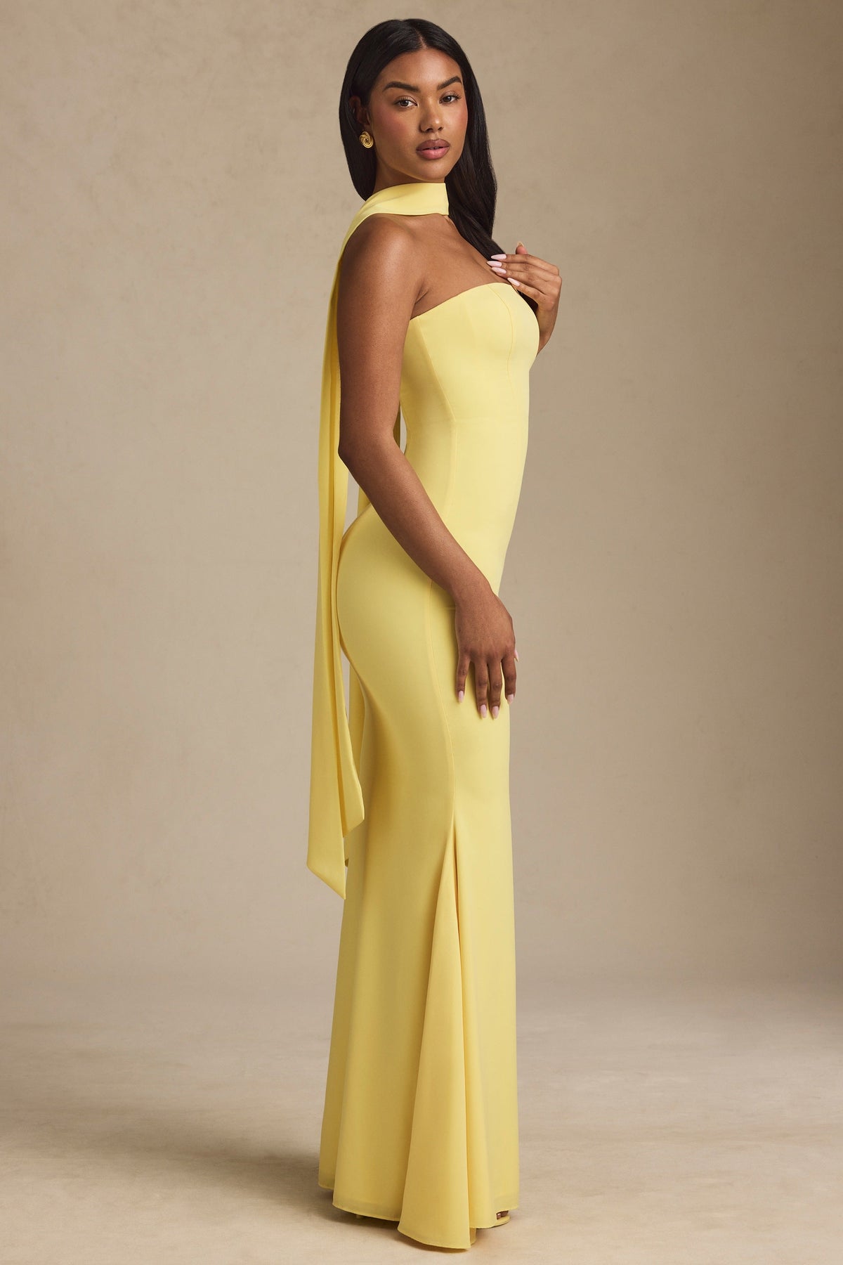 Scarf-Detail Strapless Gown in Pastel Yellow