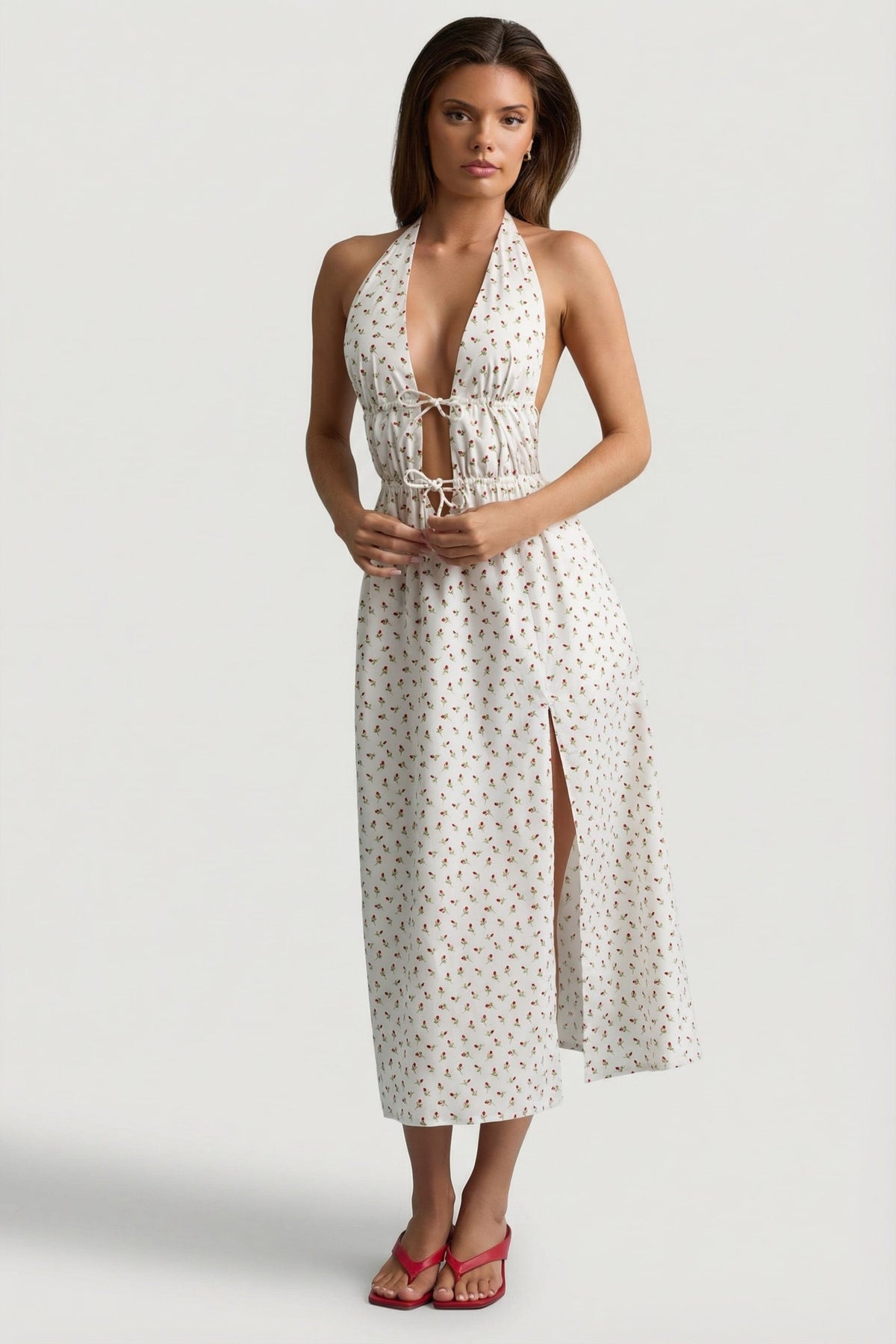 Backless Cotton-Poplin Midaxi Dress in Rose Print