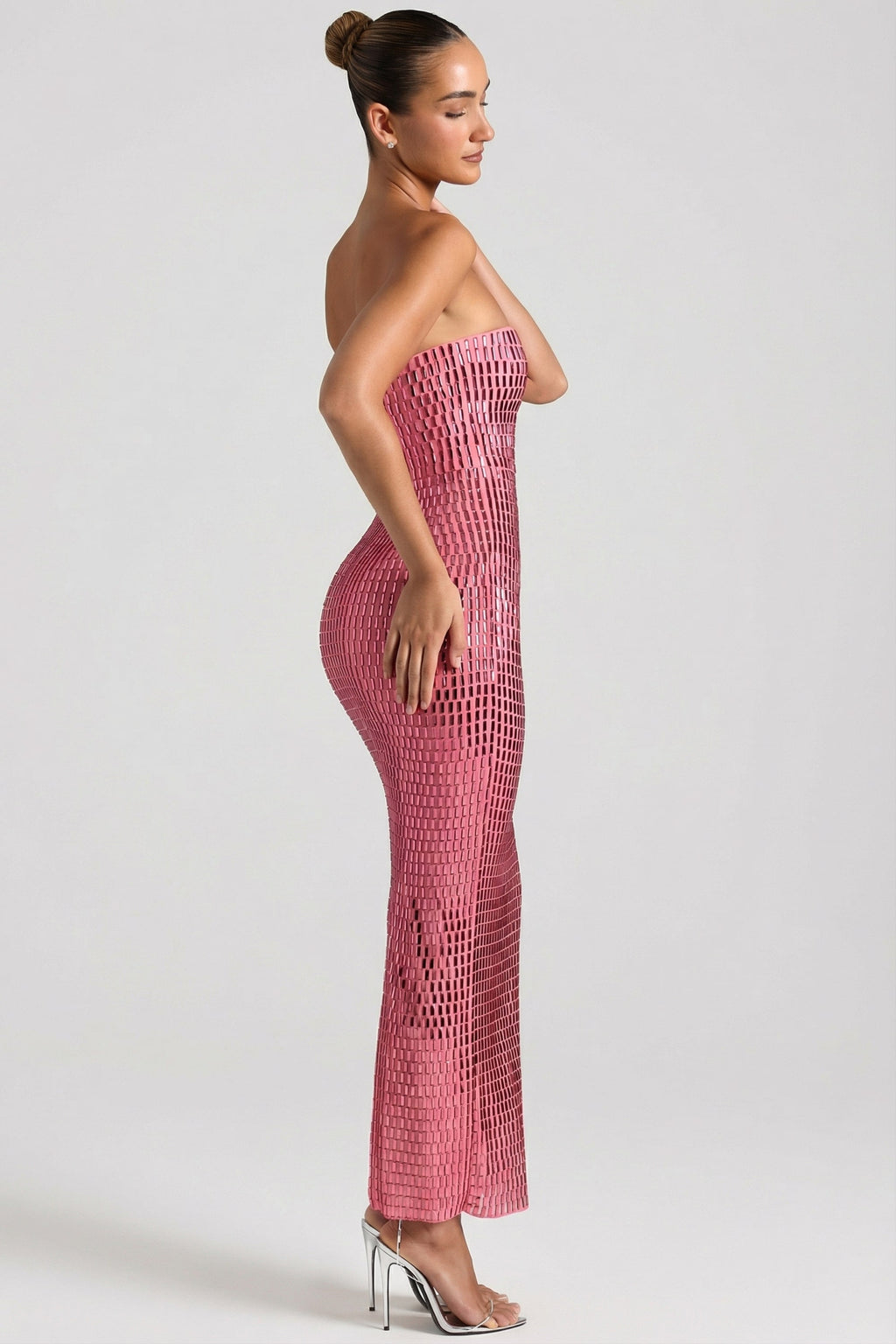 Embellished Strapless Bandeau Maxi Dress in Watermelon