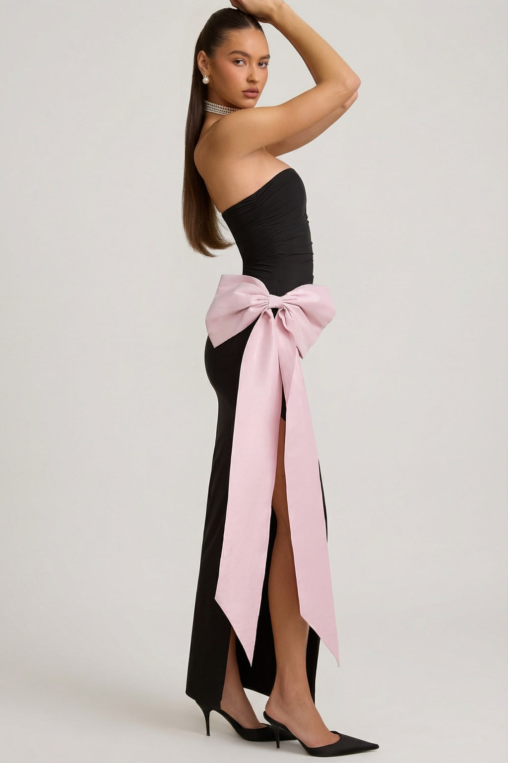 Strapless Bow-Detail Maxi Dress in Black