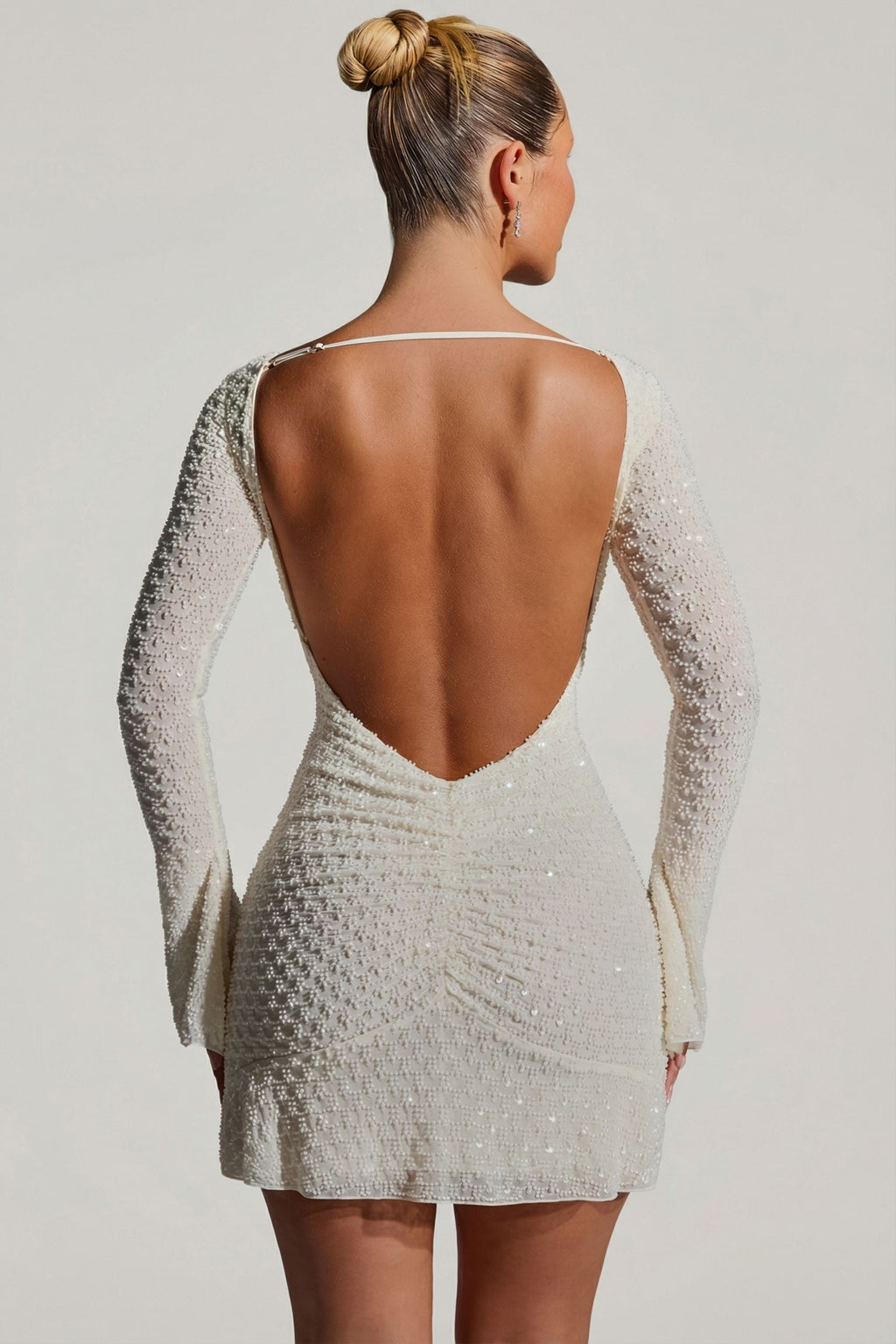 Embellished Open-Back A-Line Mini Dress in White