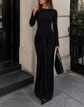 Soft Jersey Boat-Neck Tie-Gather Maxi Dress in Black