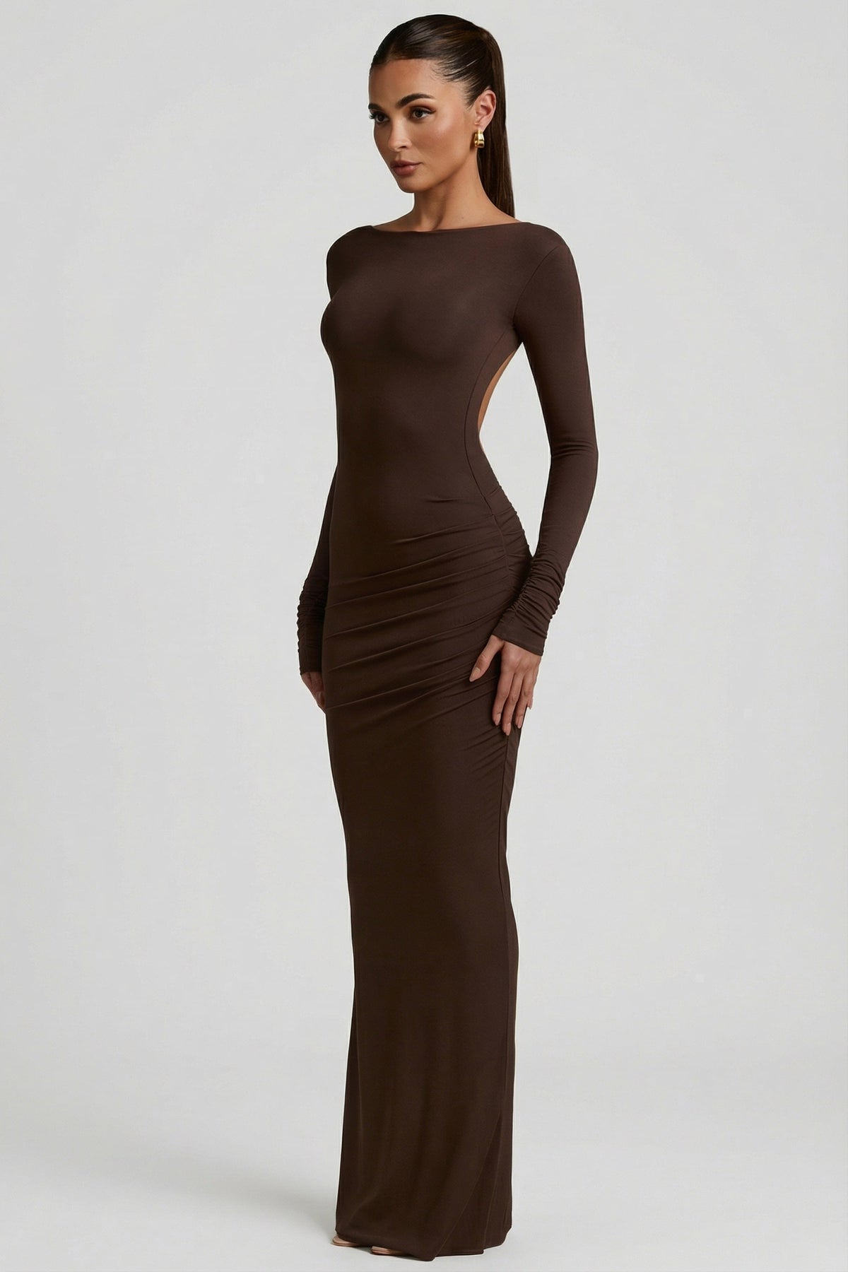Modal Ruched Backless Maxi Dress in Chocolate Brown