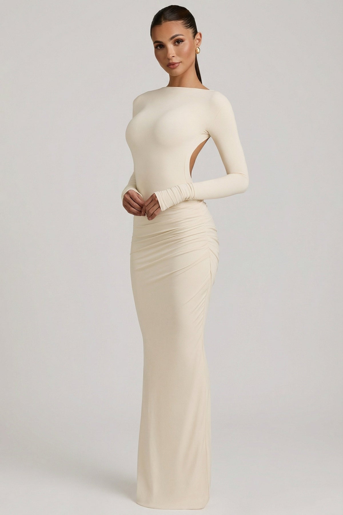 Modal Ruched Backless Maxi Dress in Ivory