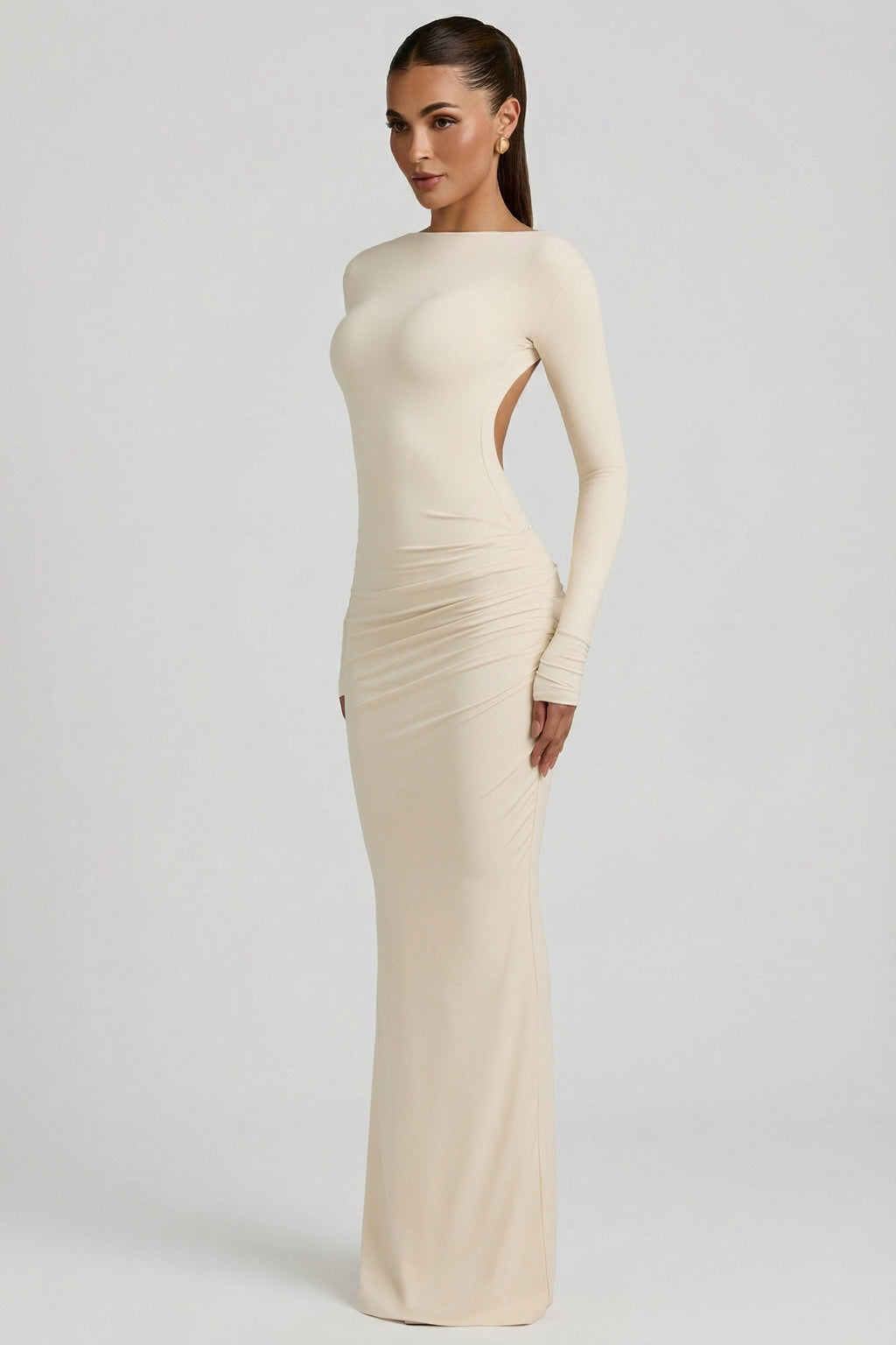 Modal Ruched Backless Maxi Dress in Ivory