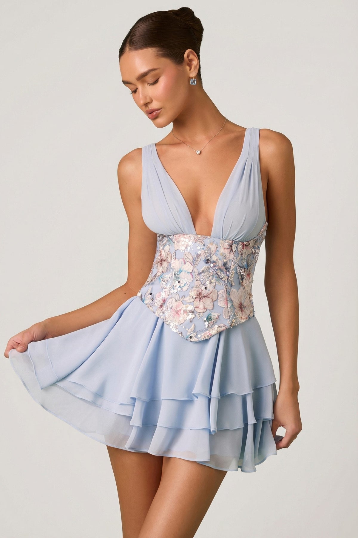 Embellished Ruffled Corset Mini Dress in Floral Blue