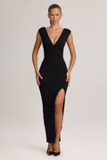 High Split Plunge Neck Maxi Dress in Black