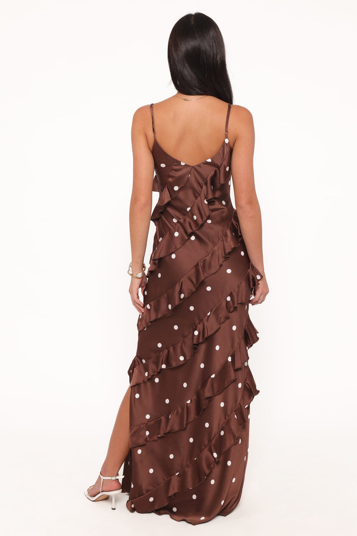 Ciao Ruffles Maxi Satin Dress - Brown Polka Dot