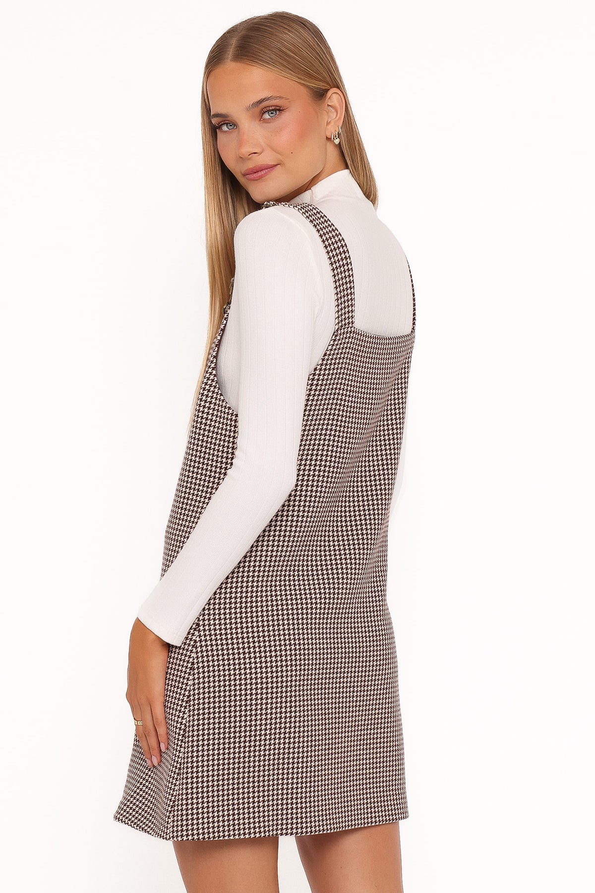 Noah Overall Mini Dress - Brown Houndstooth