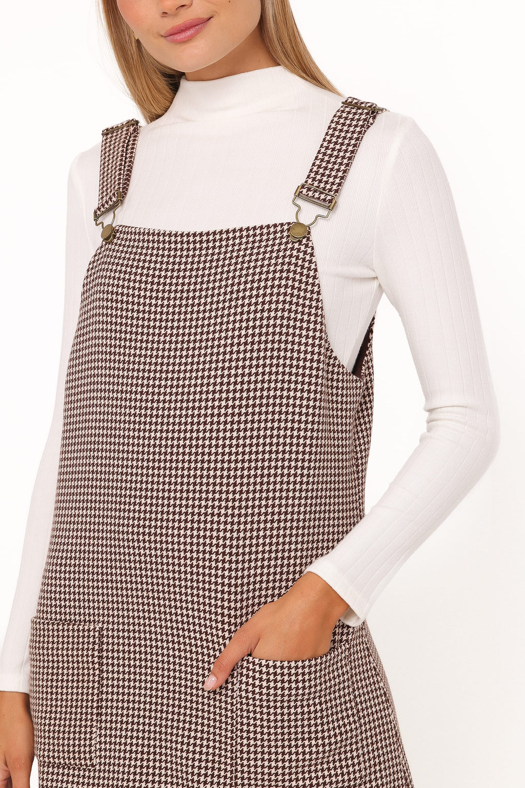 Noah Overall Mini Dress - Brown Houndstooth