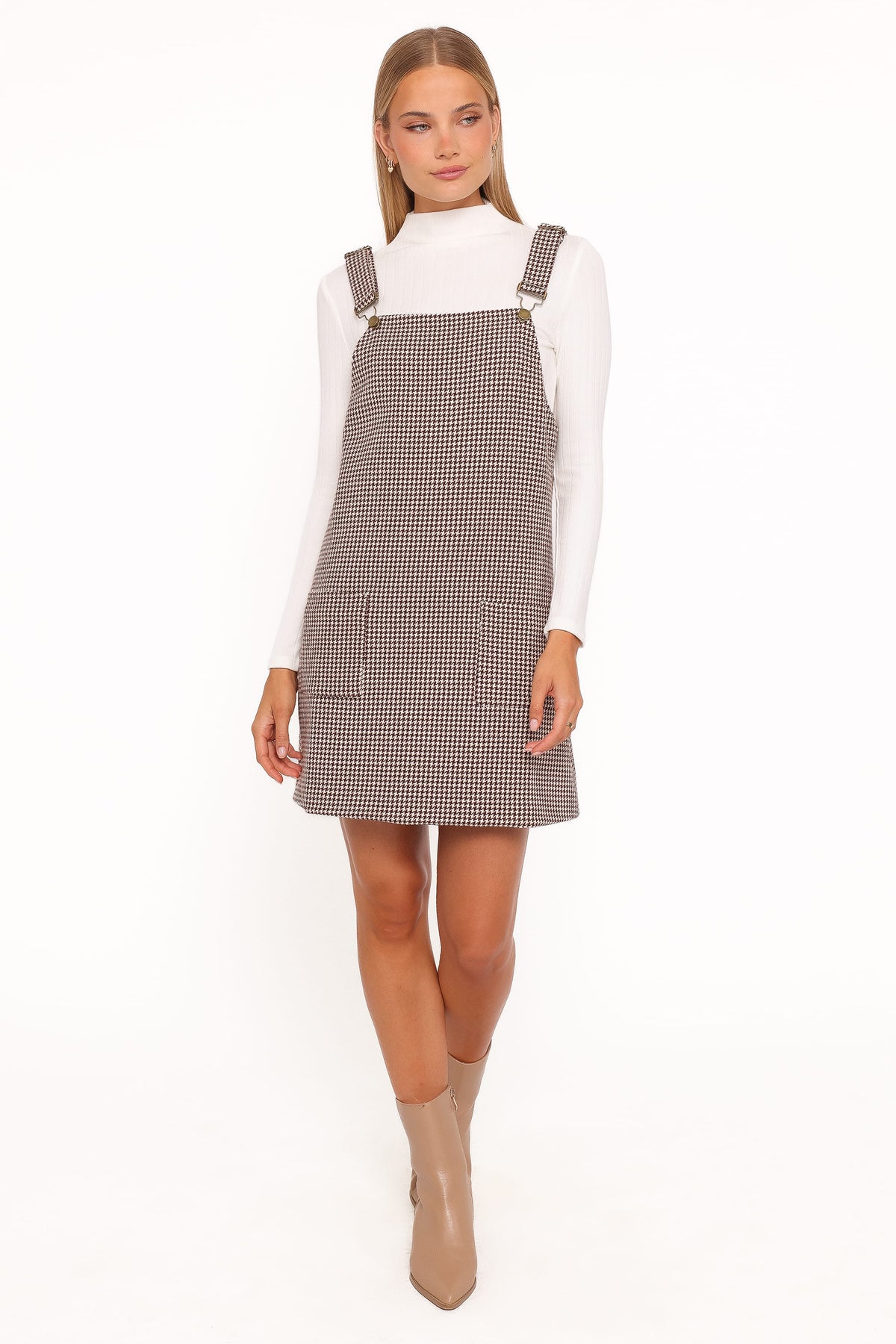 Noah Overall Mini Dress - Brown Houndstooth