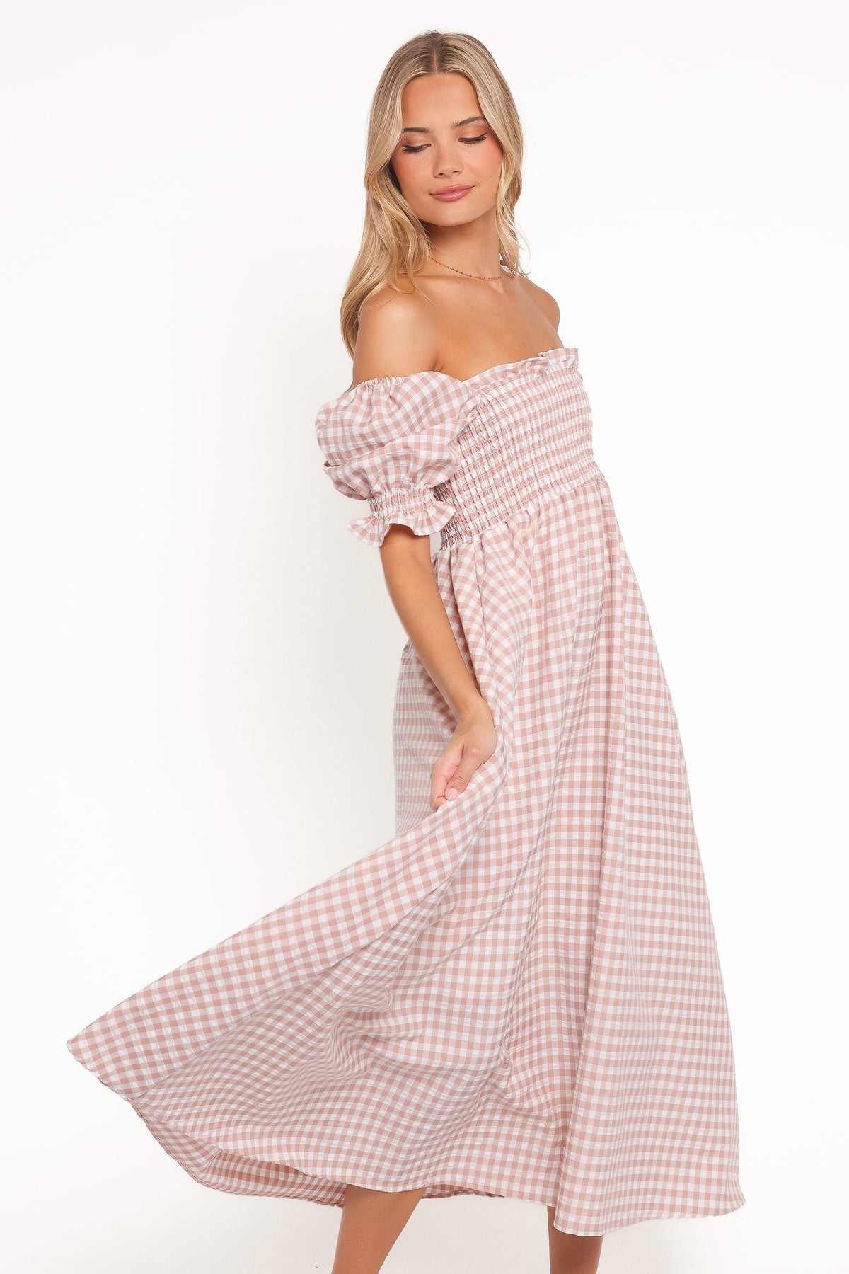 Siun Short Sleeve Midi Dress - Brown Gingham