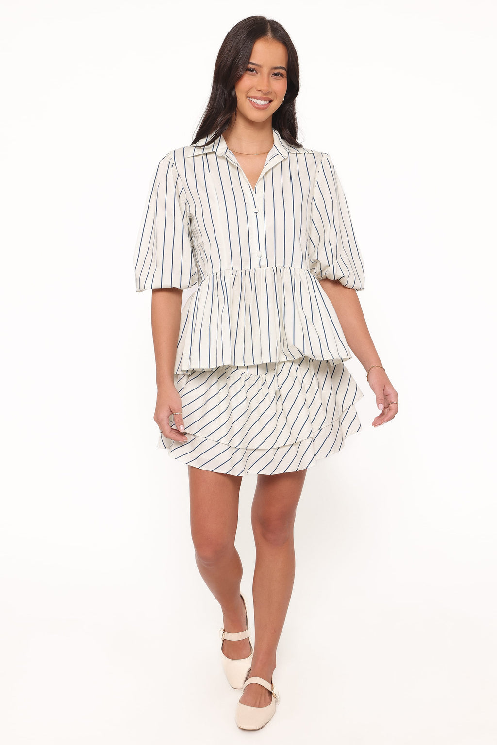 Thomas Short Sleeve Peplum Top - Yellow/Blue Stripe