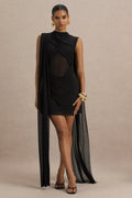 Riad | Black Chiffon Mini Dress With Sheer Bodice Two-Sleeve Cape