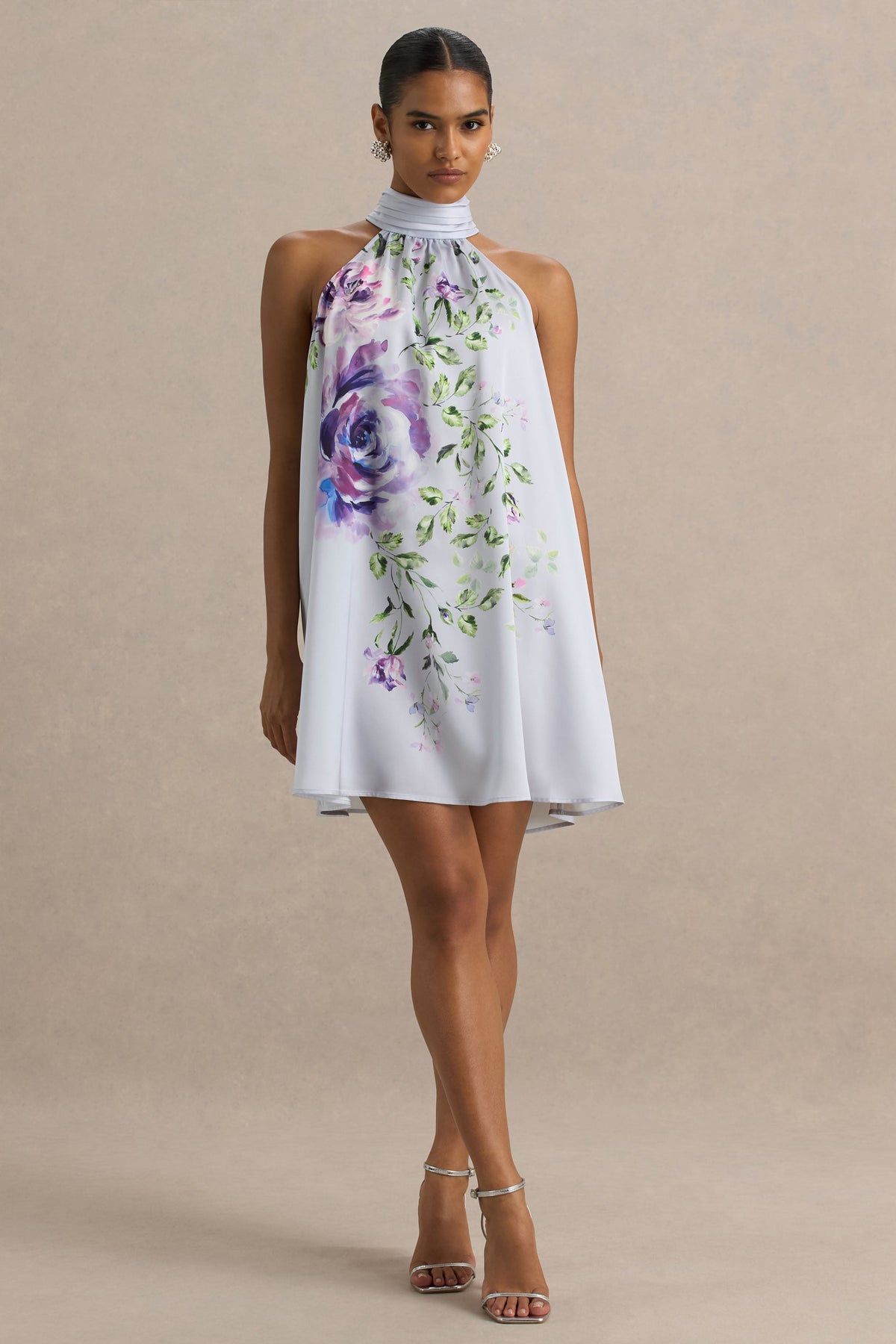 Evita | Powder Blue Rose Print High-Neck A-Line Mini Dress With Bow