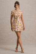 Eira | Pastel Floral Sequin Round Neck Short Sleeve A-Line Mini Dress