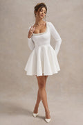 Wilder | White Embellished Square-Neck Long-Sleeve Skater Mini Dress
