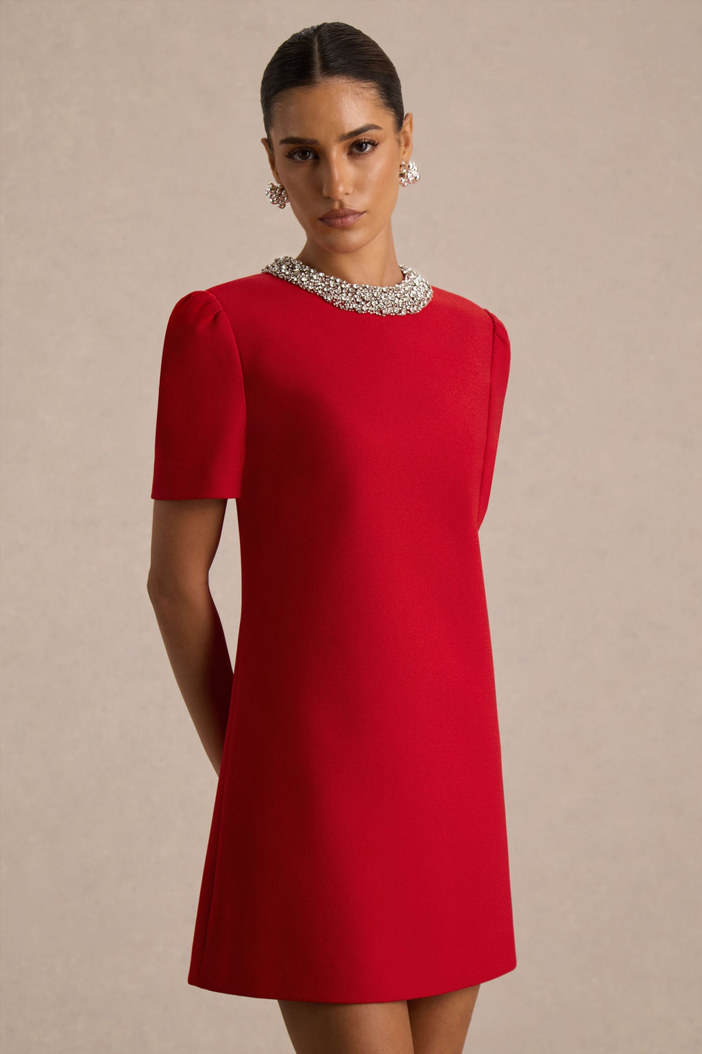 Jackie | Red Embellished High-Neck Mini Dress