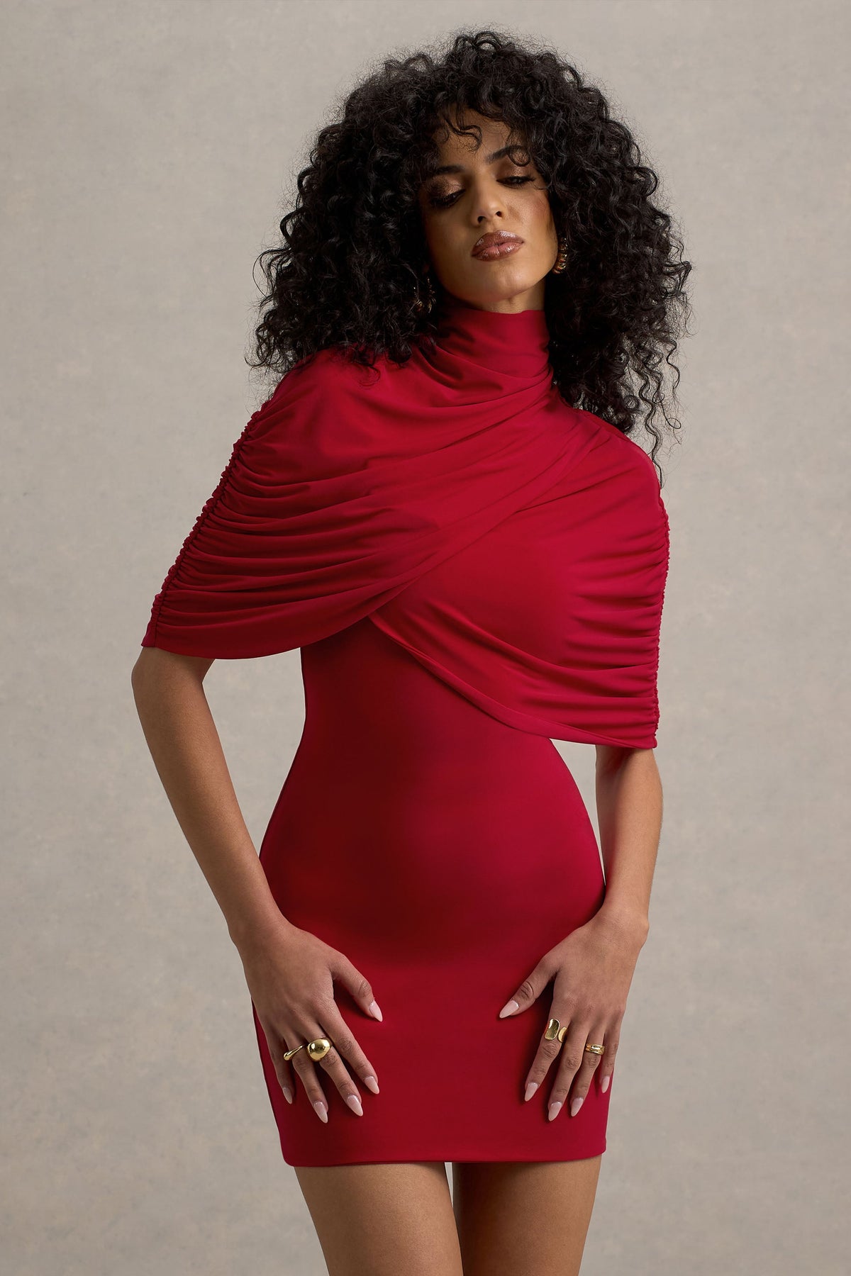 Perdi | Red Bodycon Mini Dress With Twisted Cape