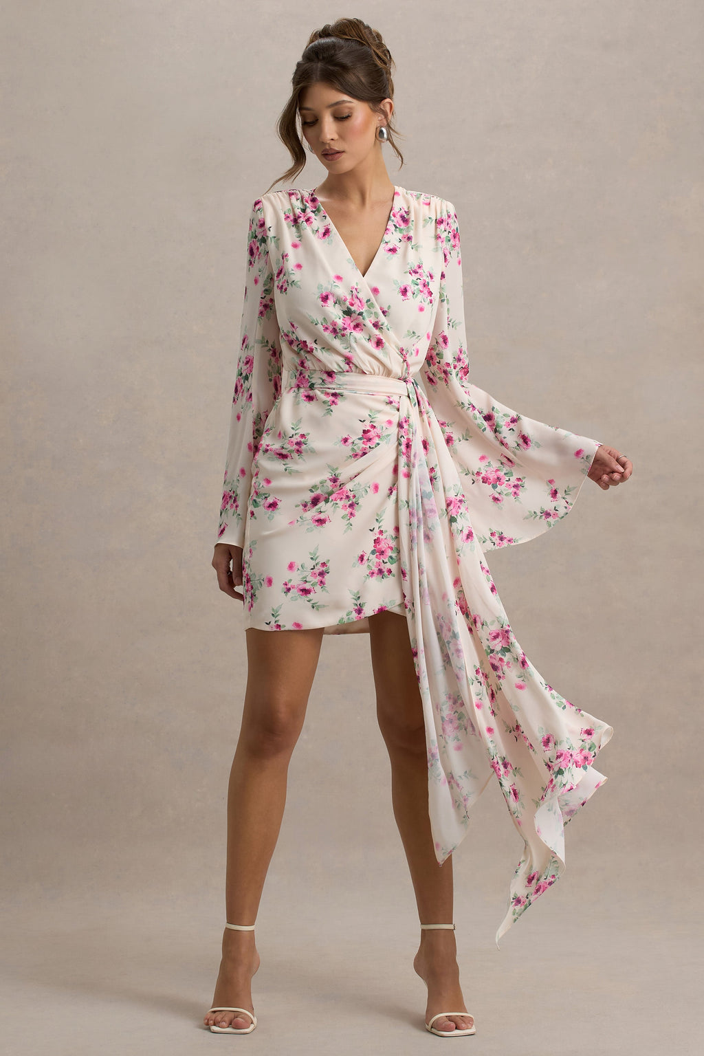 Goldie | Cream Floral Print Chiffon Long-Sleeve Wrap Mini Dress