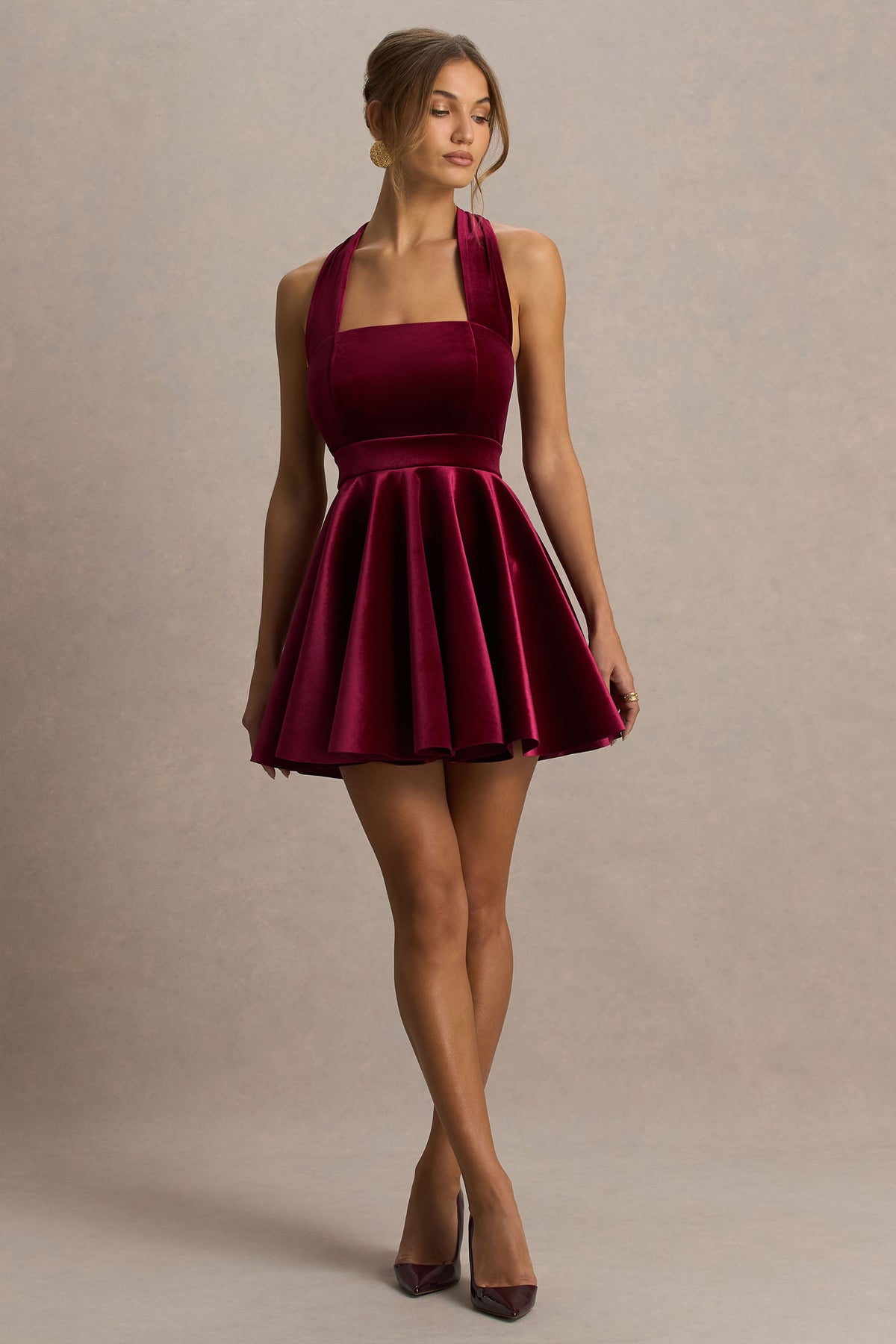 Mirage | Burgundy Velvet Halter-Neck Mini Dress With Skater-Skirt
