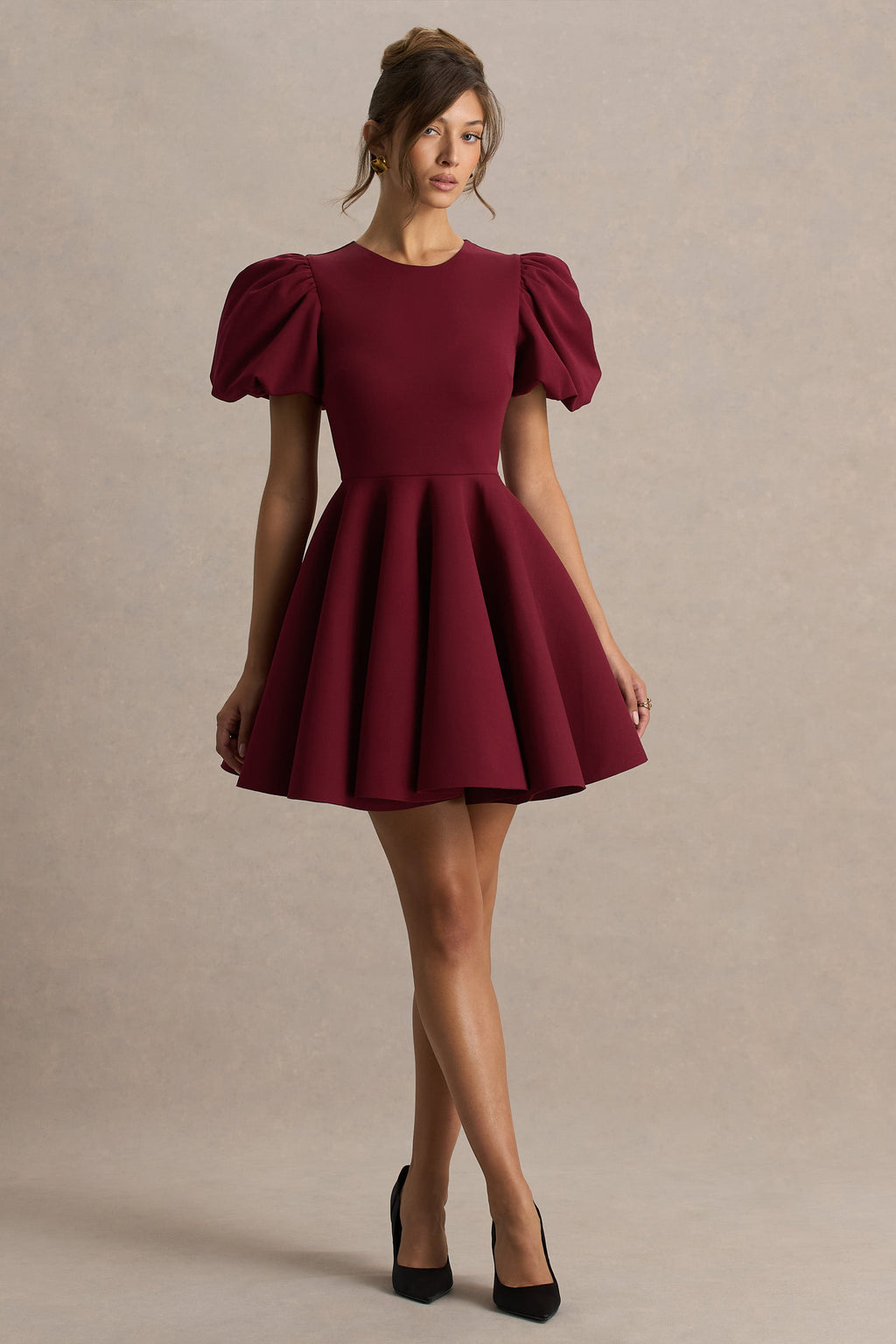 Emelia | Burgundy Puff-Sleeve Skater Mini Dress