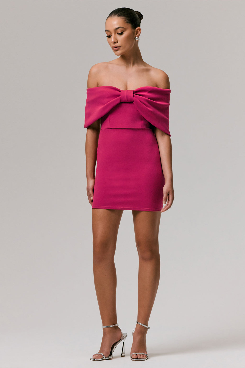 Sadie | Hot Pink Bow Bardot Mini Dress