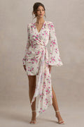 Goldie | Cream Floral Print Chiffon Long-Sleeve Wrap Mini Dress