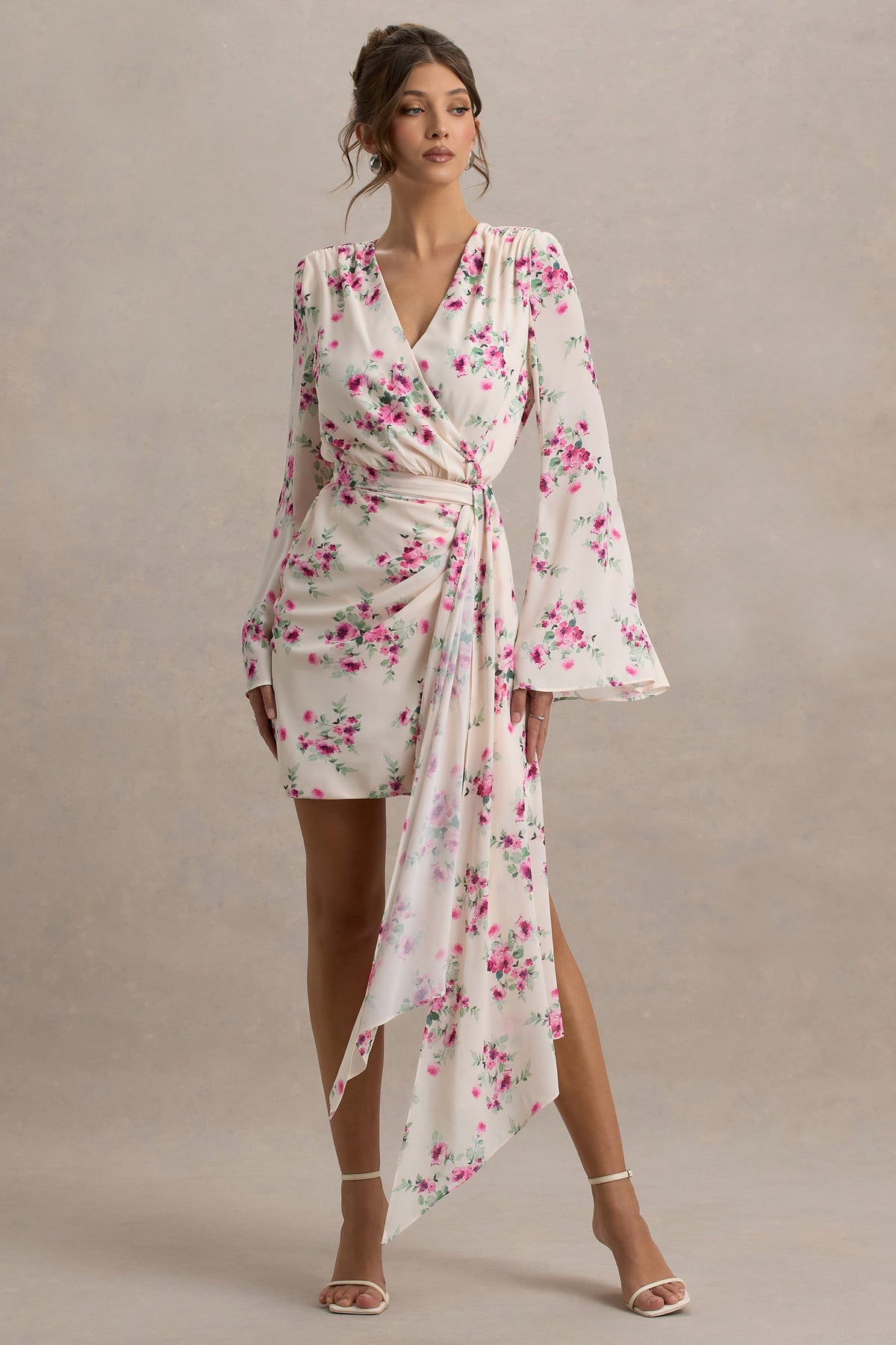 Goldie | Cream Floral Print Chiffon Long-Sleeve Wrap Mini Dress