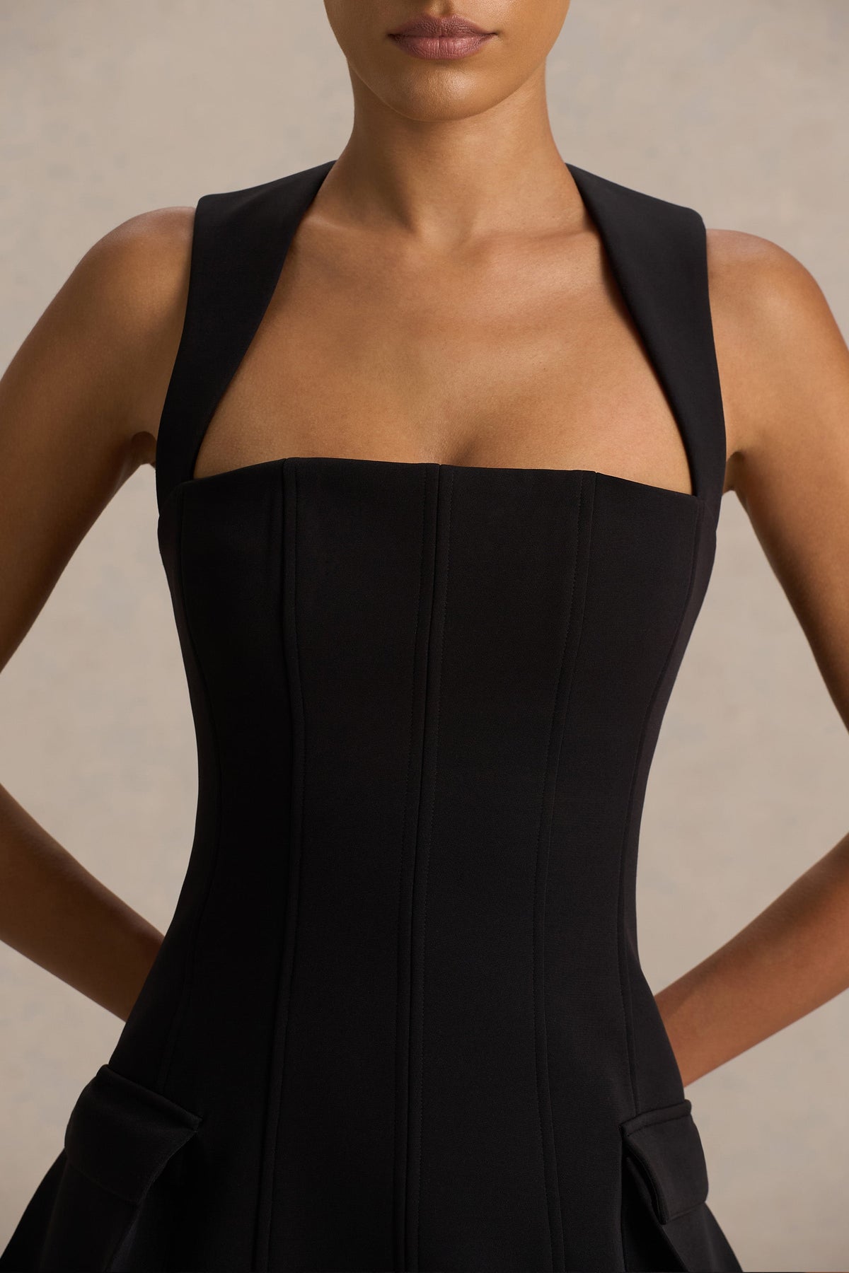 Mollie | Black Square-Neck Tailored Micro Mini Dress