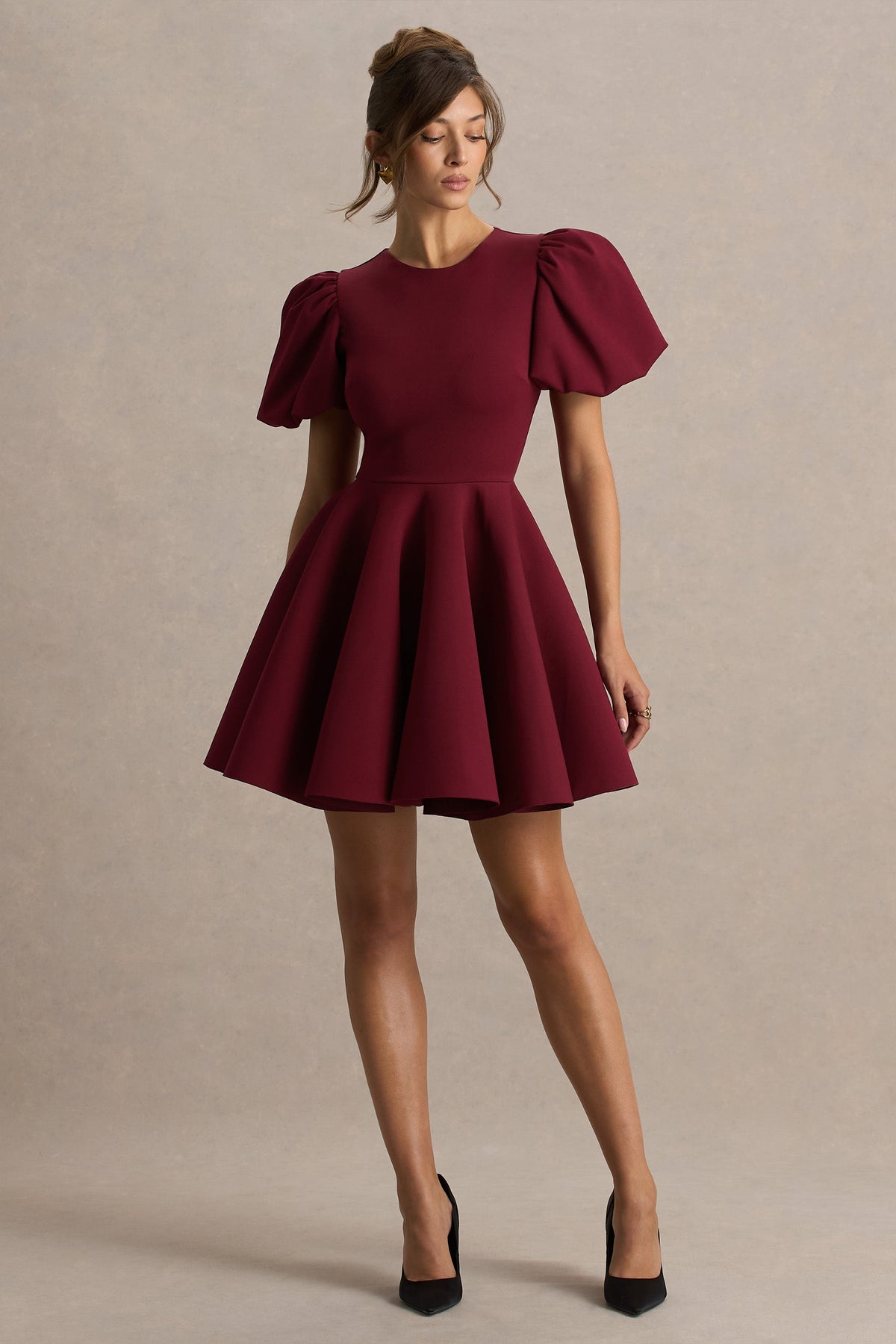 Emelia | Burgundy Puff-Sleeve Skater Mini Dress