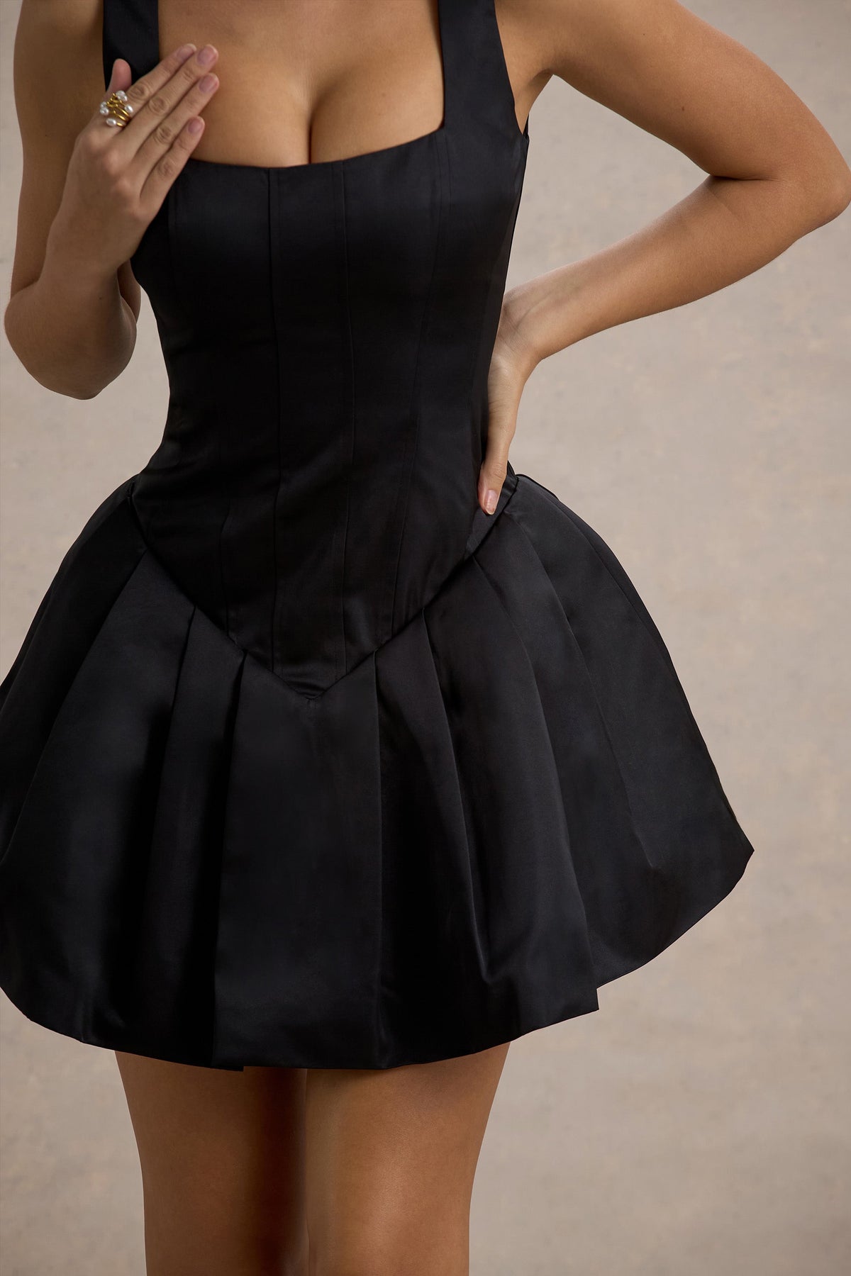 Bramble | Black Satin Square-Neck Puffball Mini Dress