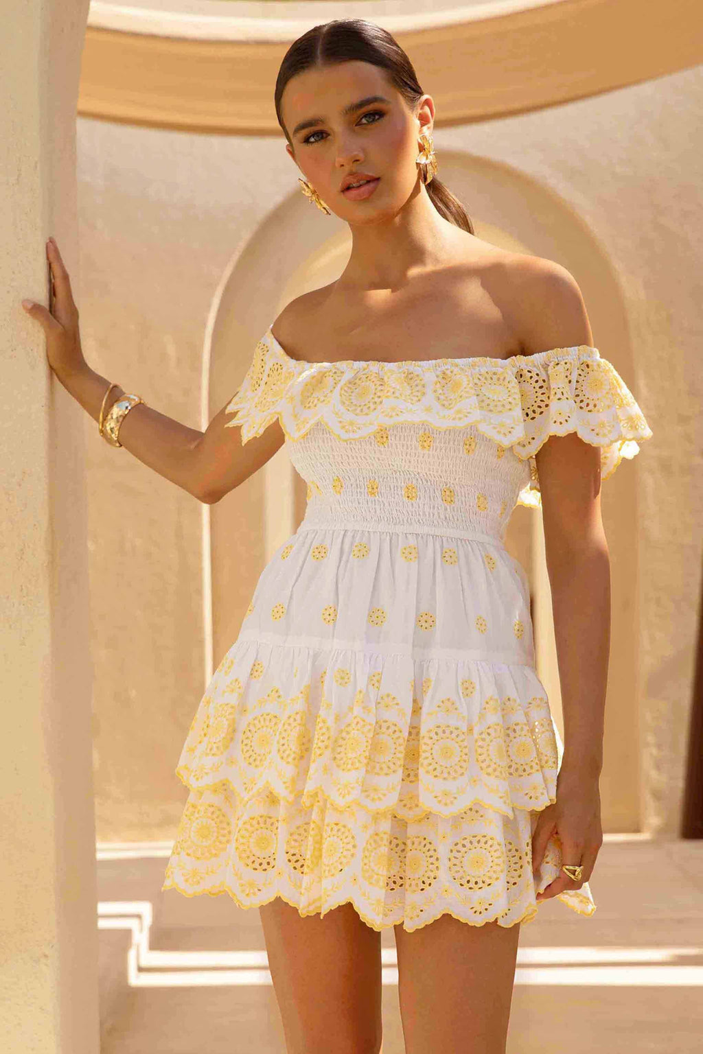 Andrea | Lemon and White Broderie Ruffled Bardot Mini Dress