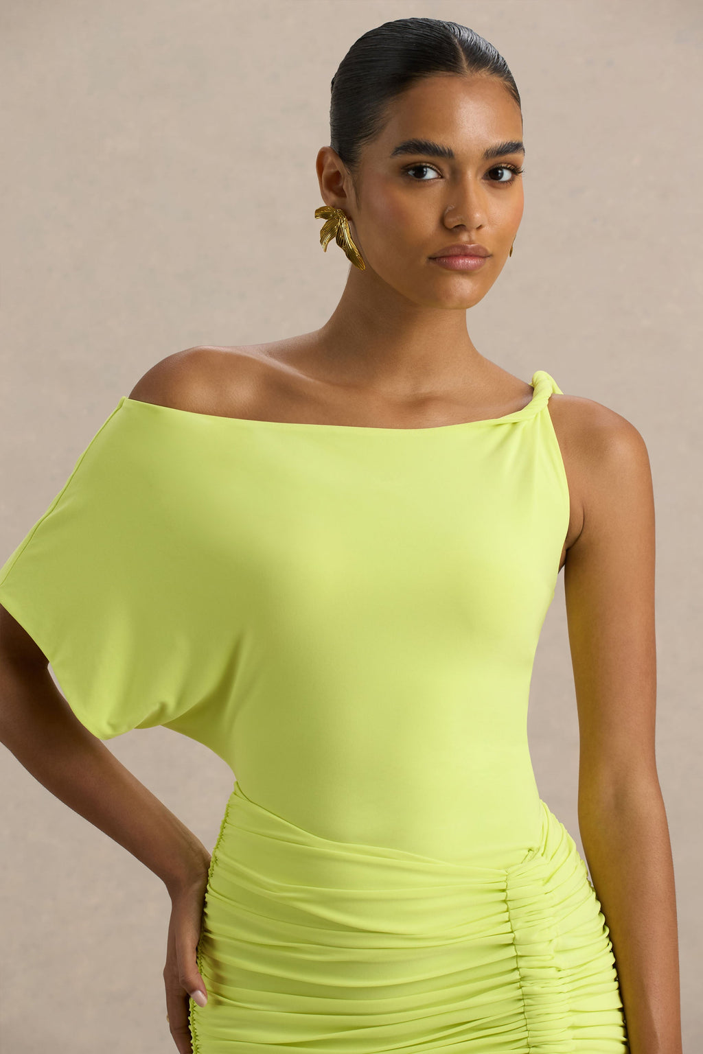 Marci | Lime Green Asymmetric Ruched Mini Dress With Sash