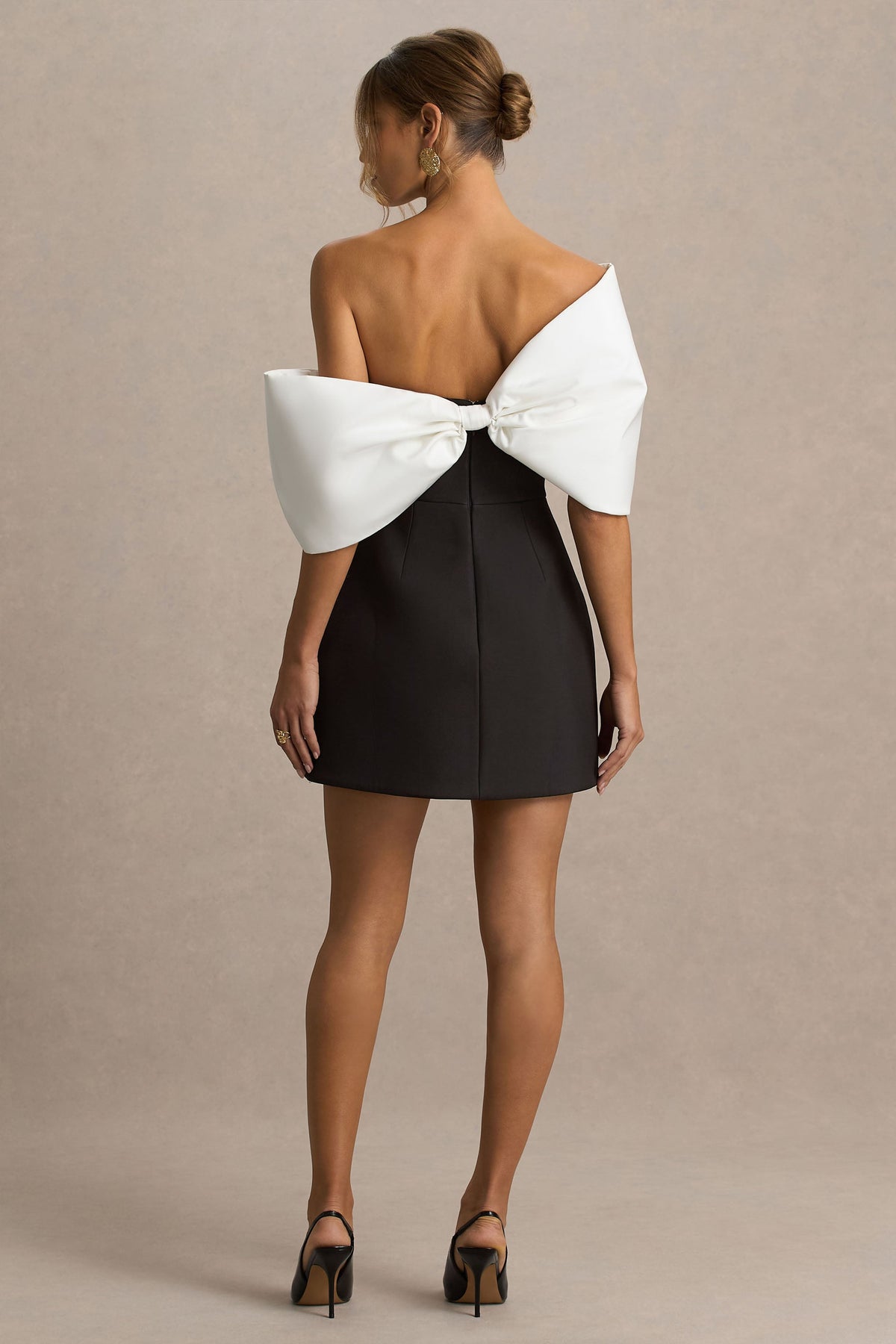 Tindra | Black And White Satin Bandeau-Neck Mini Dress With Bow Sleeves