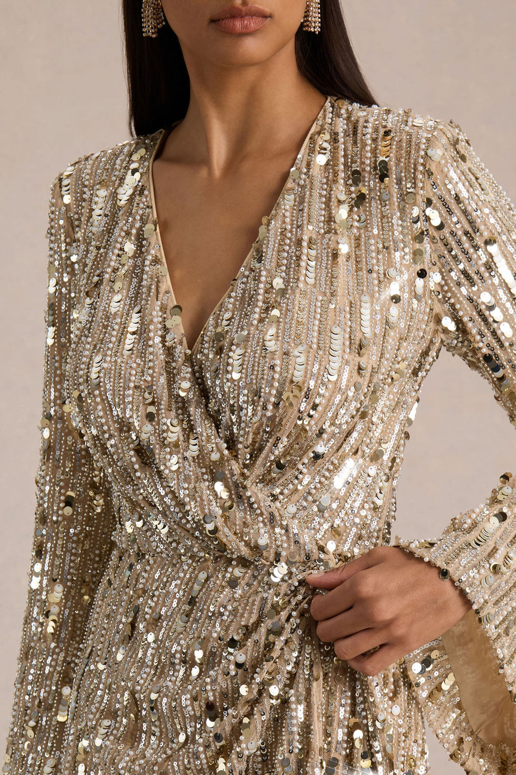 Carmina | Gold Sequin Plunge-Neck Wrap Mini Dress With Sash Detail