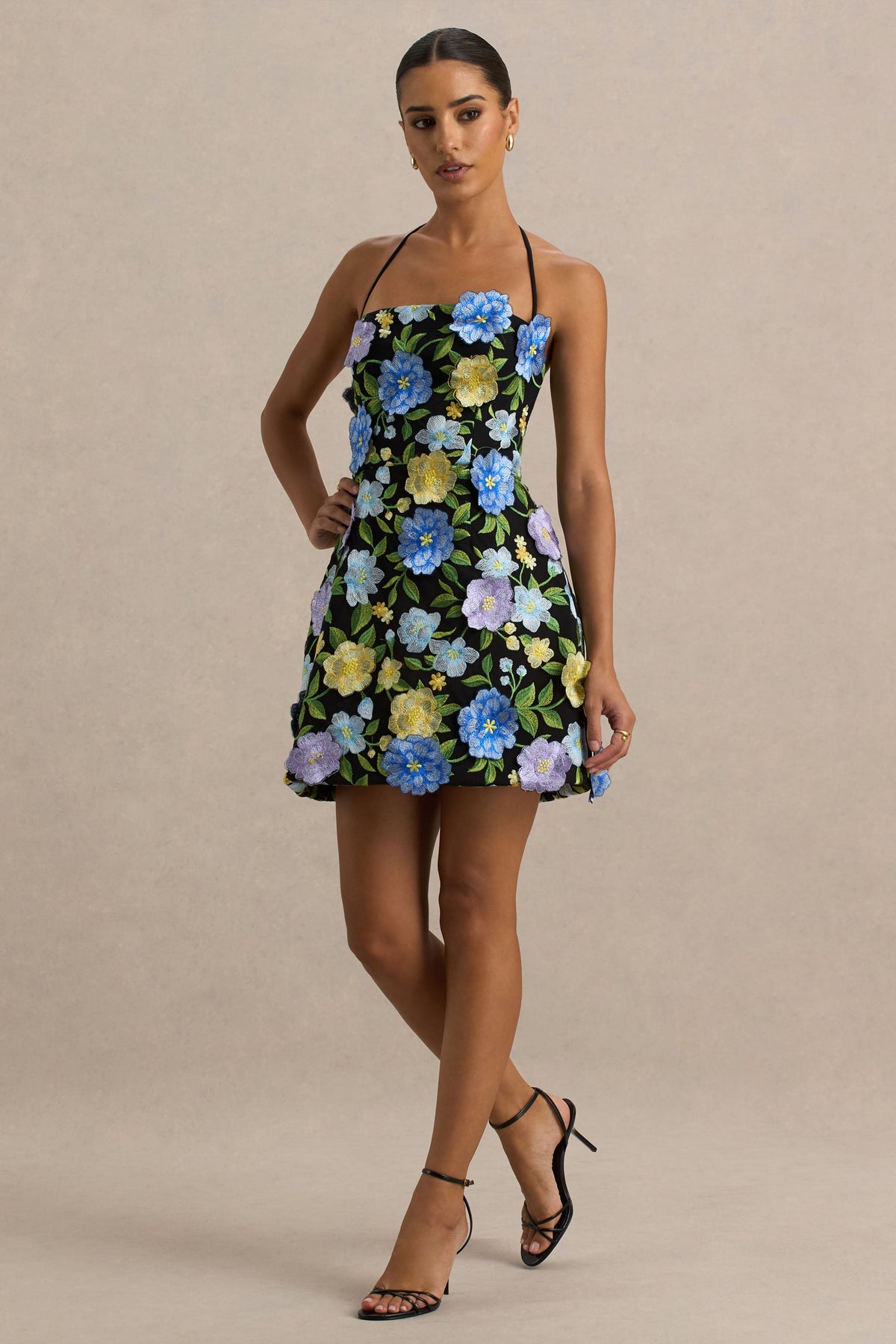 Aisha | Black Floral Embellished Square-Neck Mini Dress