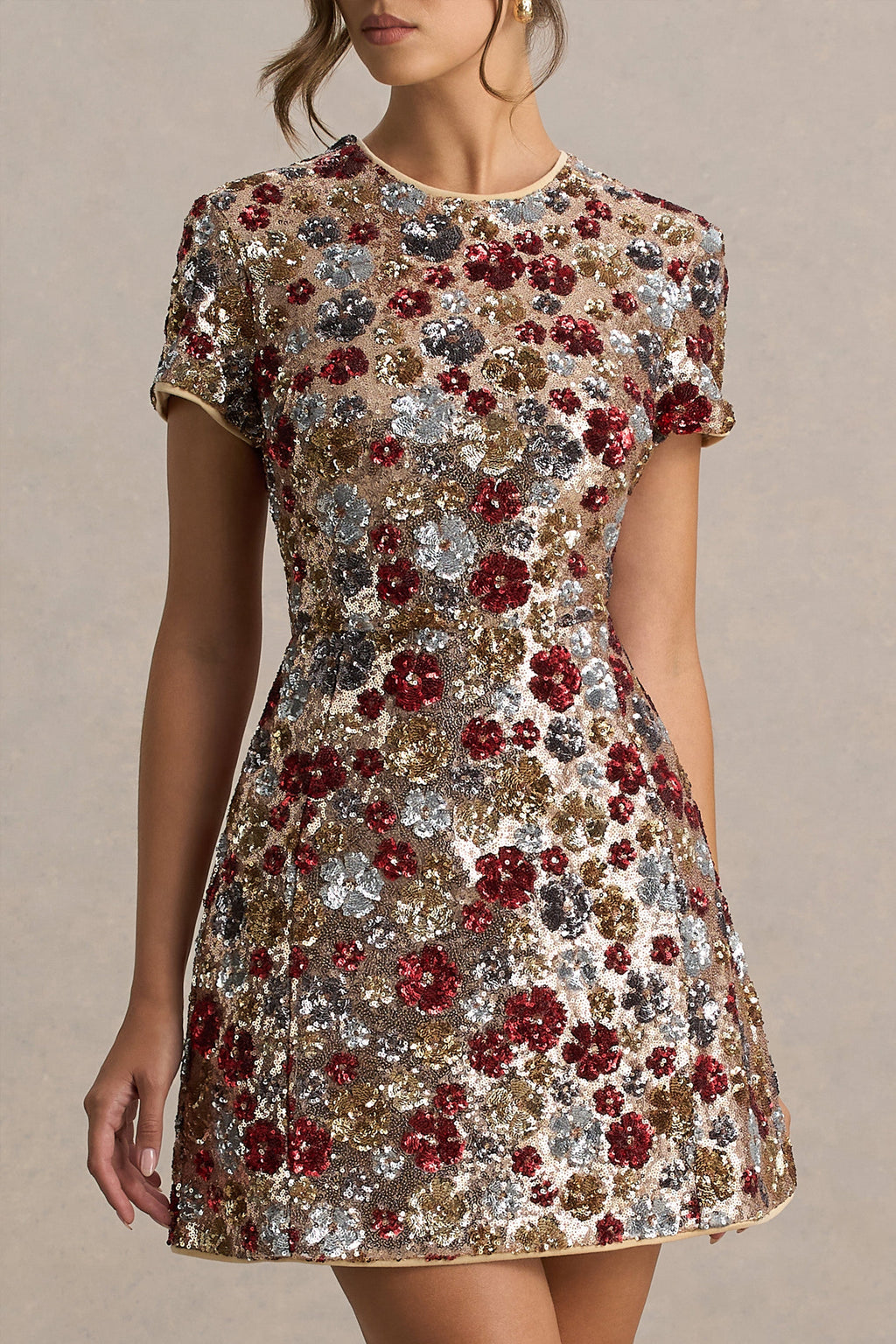 Eira | Red Floral Sequin Round Neck Short Sleeve A-Line Mini Dress