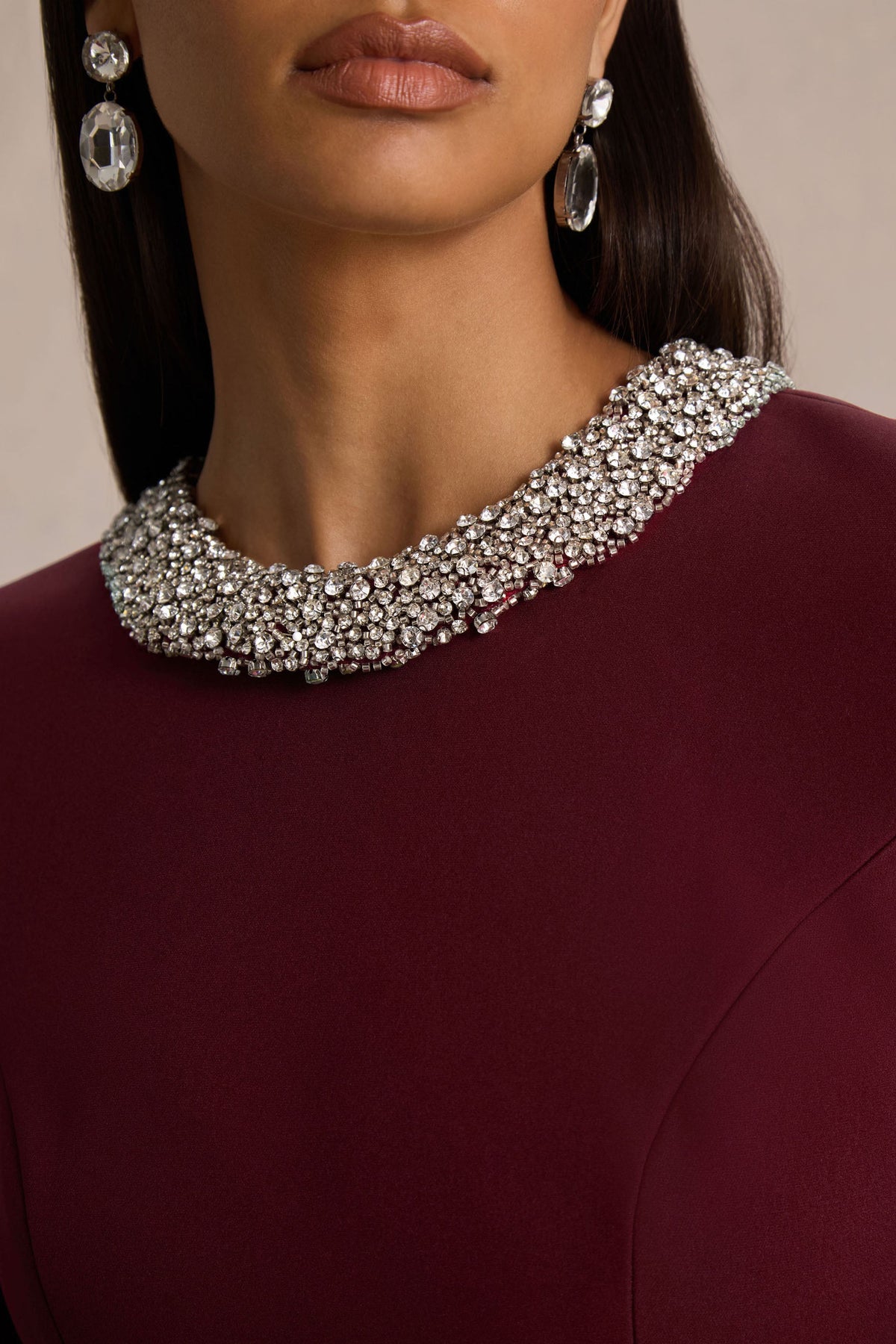 Eletta | Burgundy Embellished Crew-Neck Mini Dress
