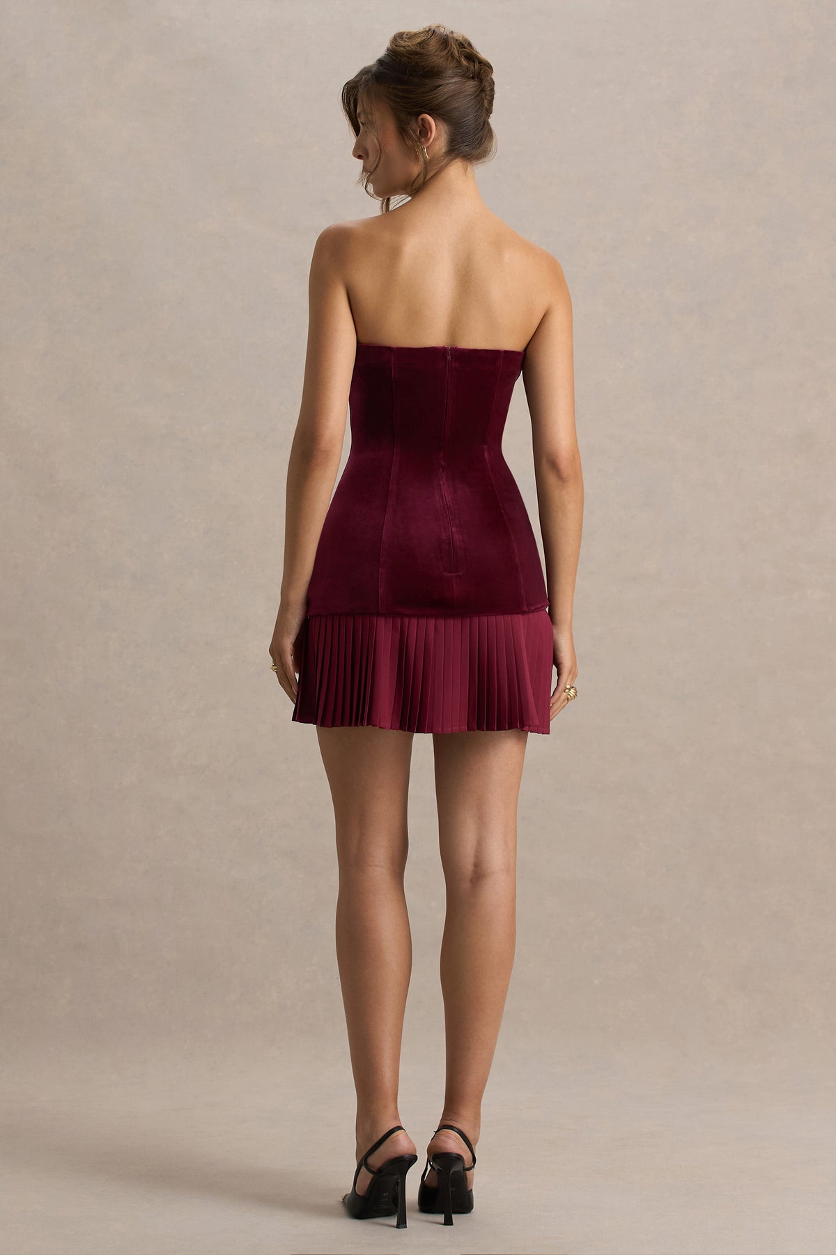 Valentina | Burgundy Velvet Bandeau Mini Dress With Pleated Detailing