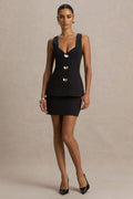 Angel | Black Plunge-Neck Tailored Mini Dress With Gold-Detailing