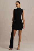 Sorenna | Black High-Neck Mini-Dress With Wrap And Sash Detail